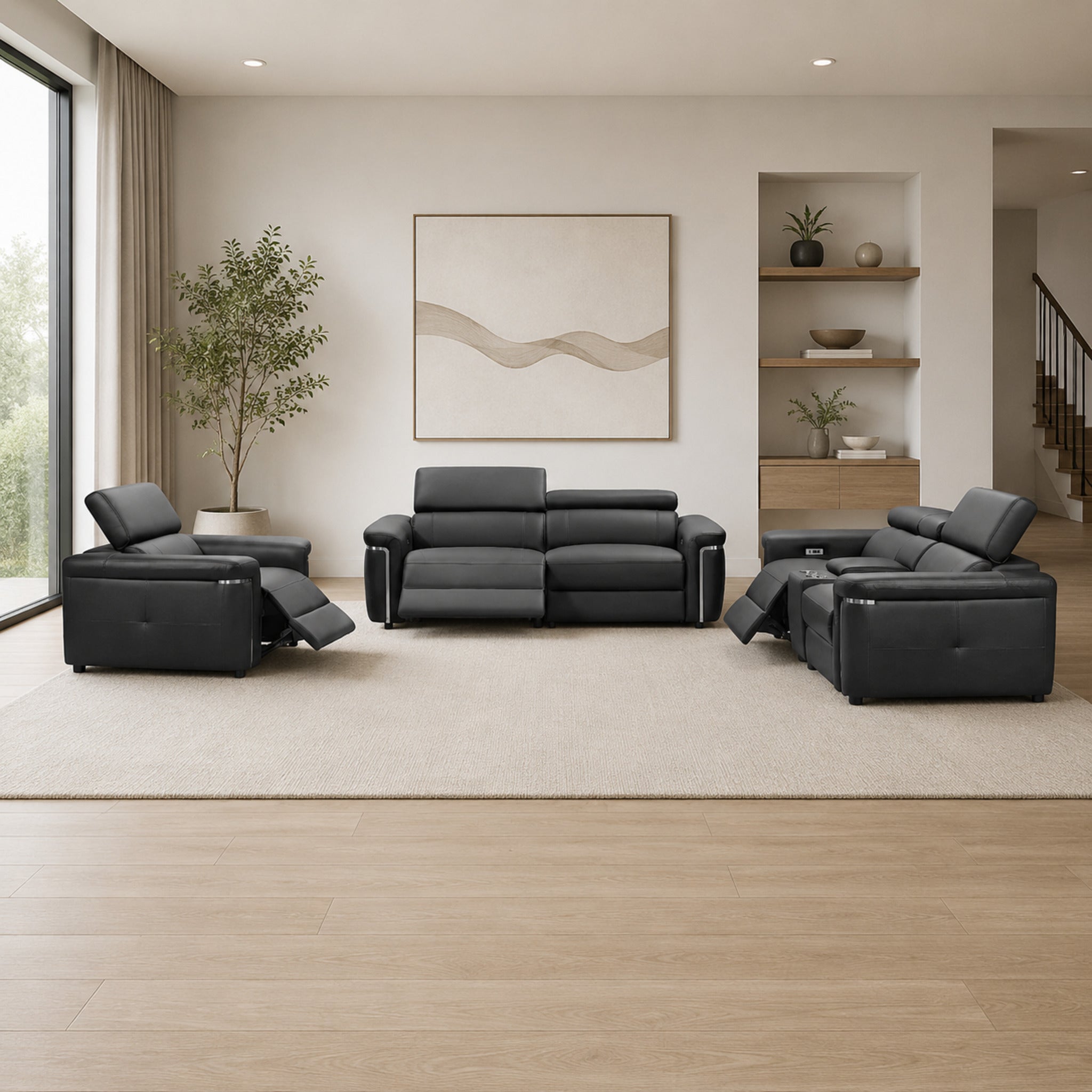 Summer Electric Reclining 3+2 Sofa Set in Black - AMC Furniture