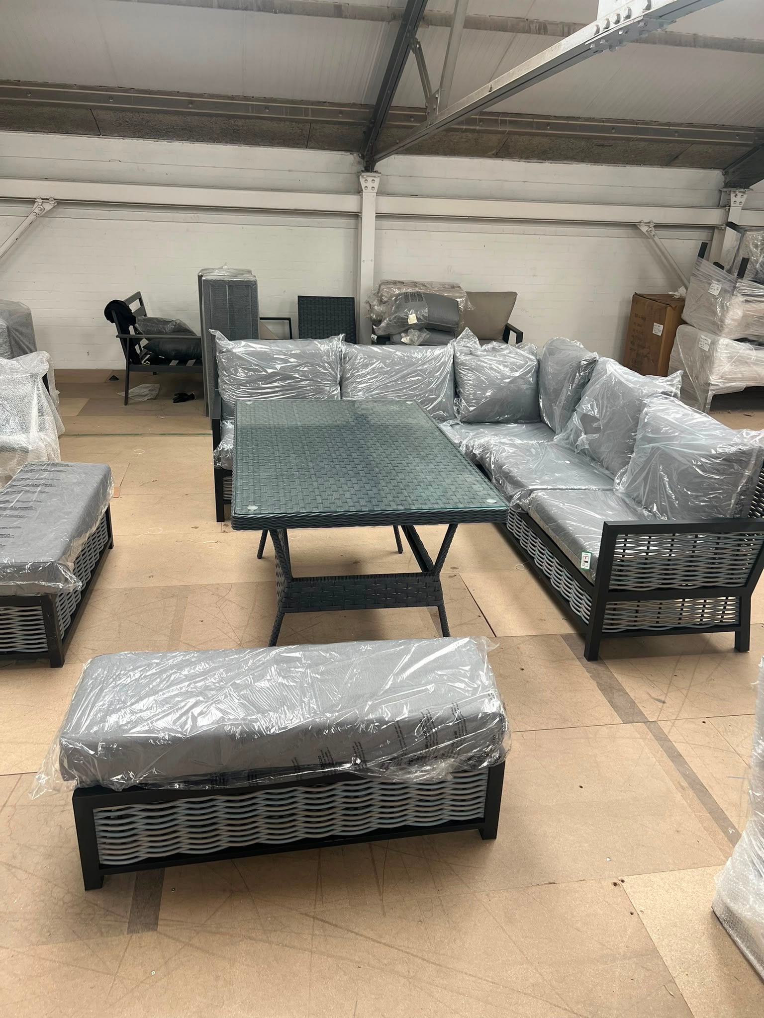Ivy Aluminium Corner Sofa with Rattan Dining Table in Grey