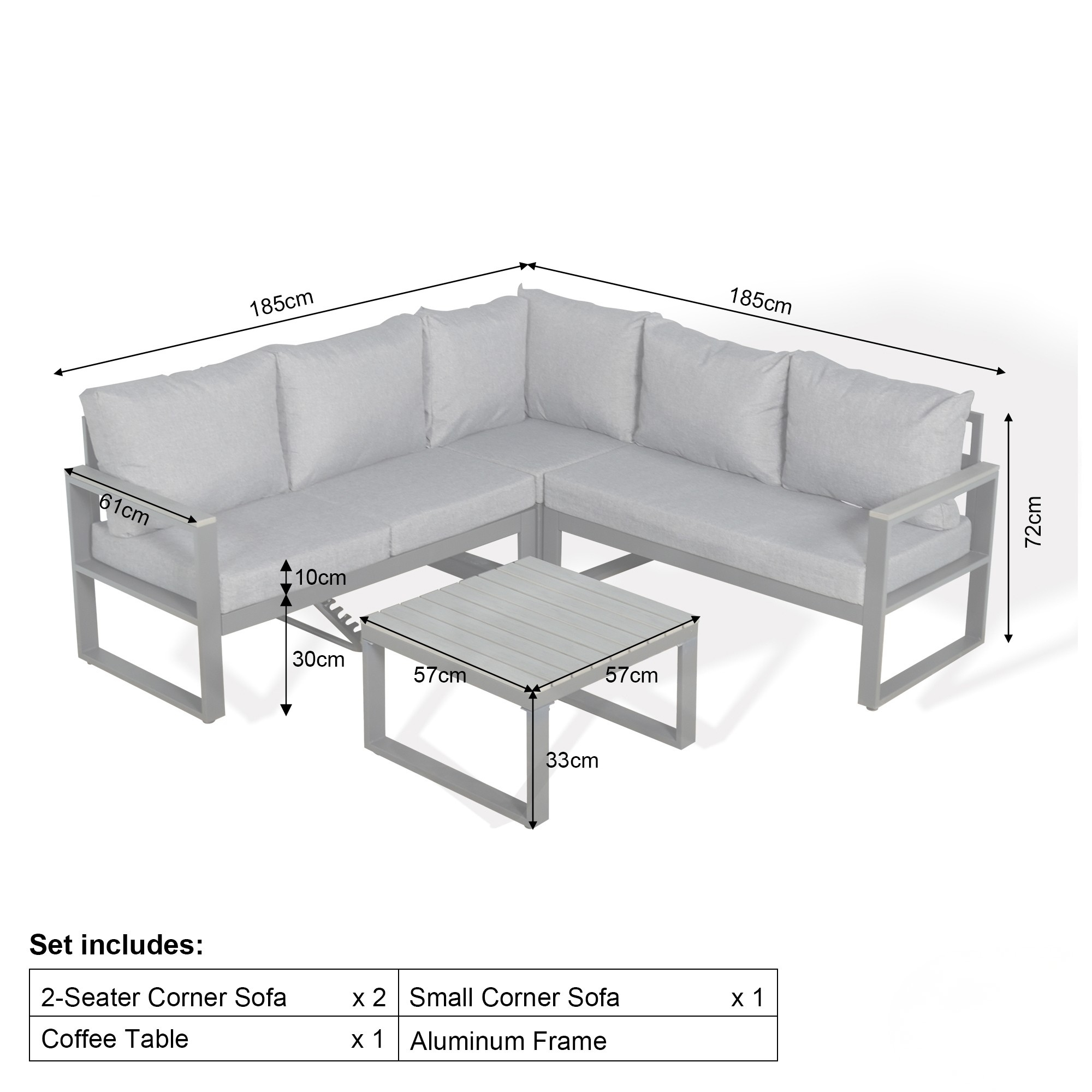 Luxe Square Corner Set Charcoal Aluminium Frame With Grey Cushions - AMC Furniture