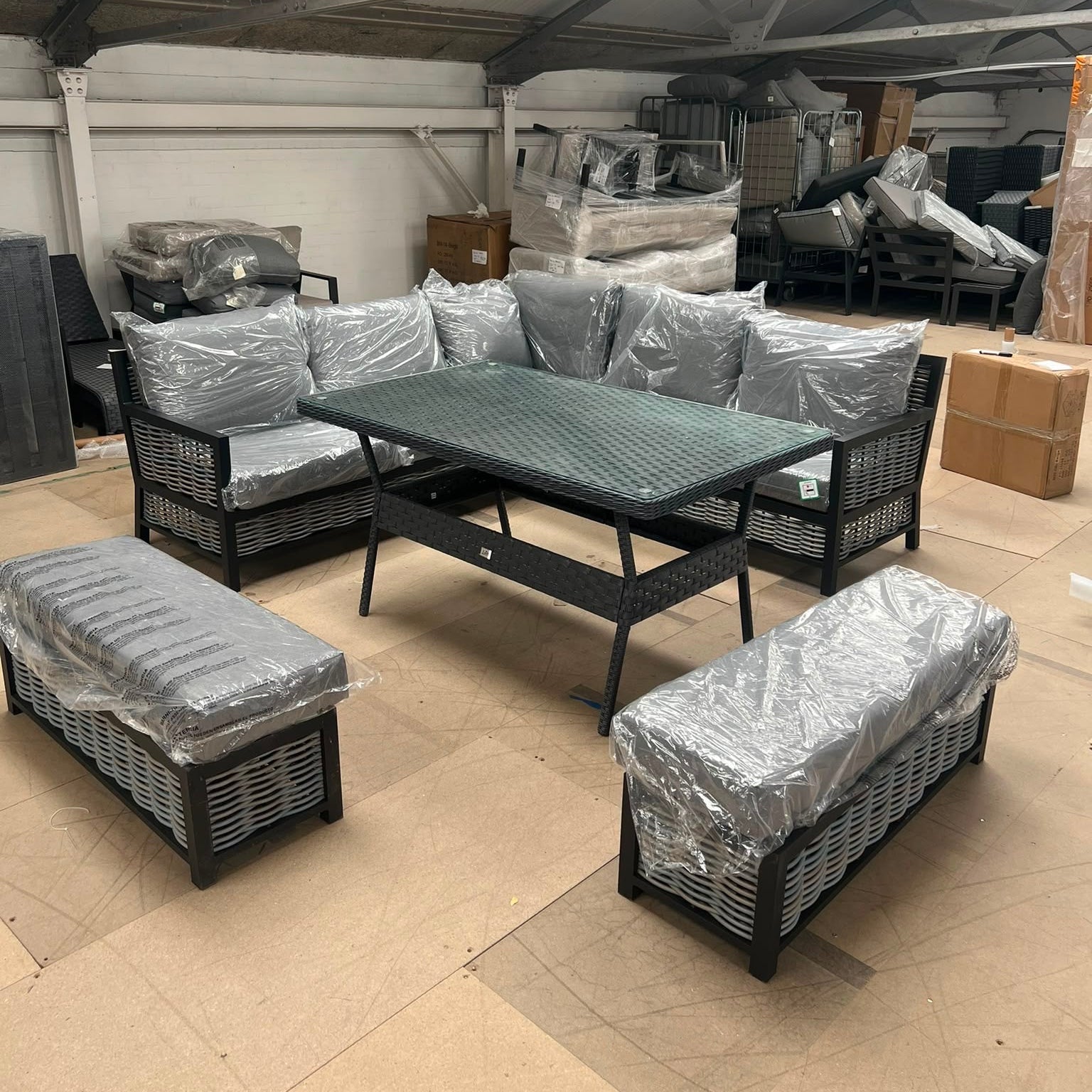 Ivy Aluminium Corner Sofa with Rattan Dining Table in Grey