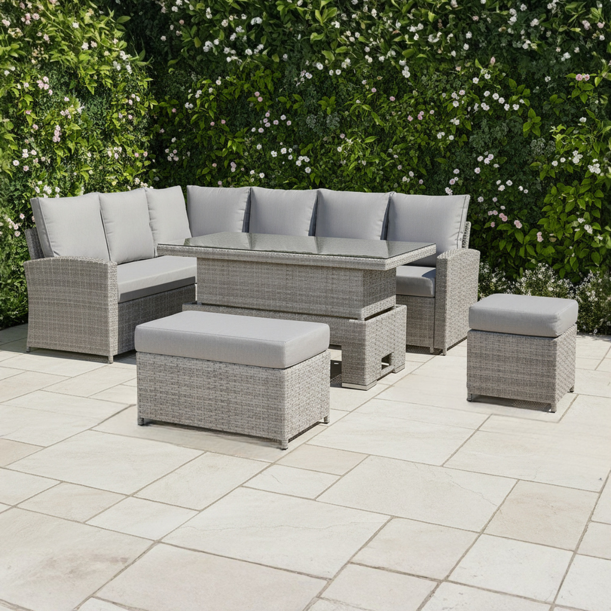 Sorrento Large Corner Dining Set with Rising Table in Light Grey (Left Hand) - AMC Furniture