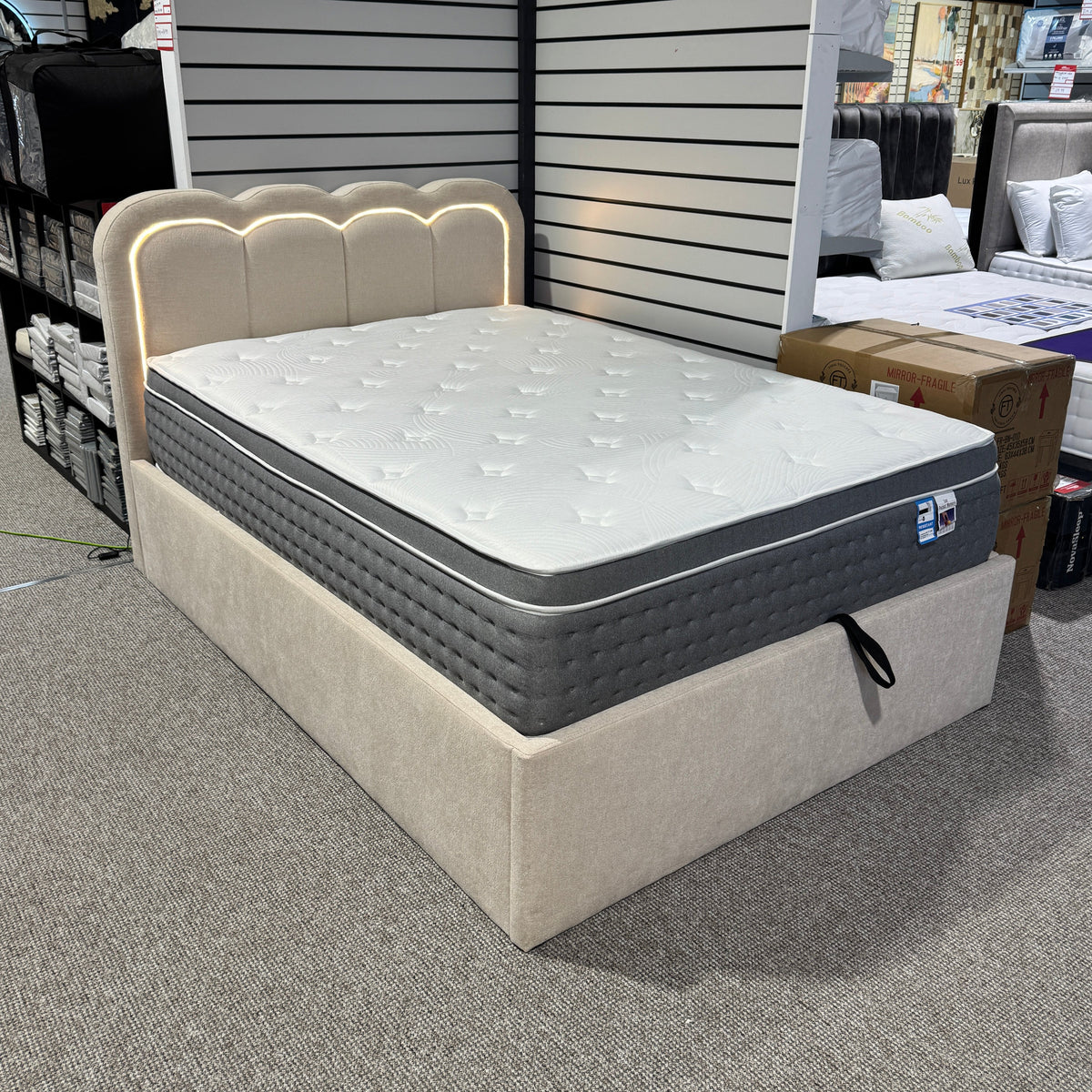 Milan Double Ottoman Bed with LED Headboard & Lux Pocket Mattress Bundle B Womack