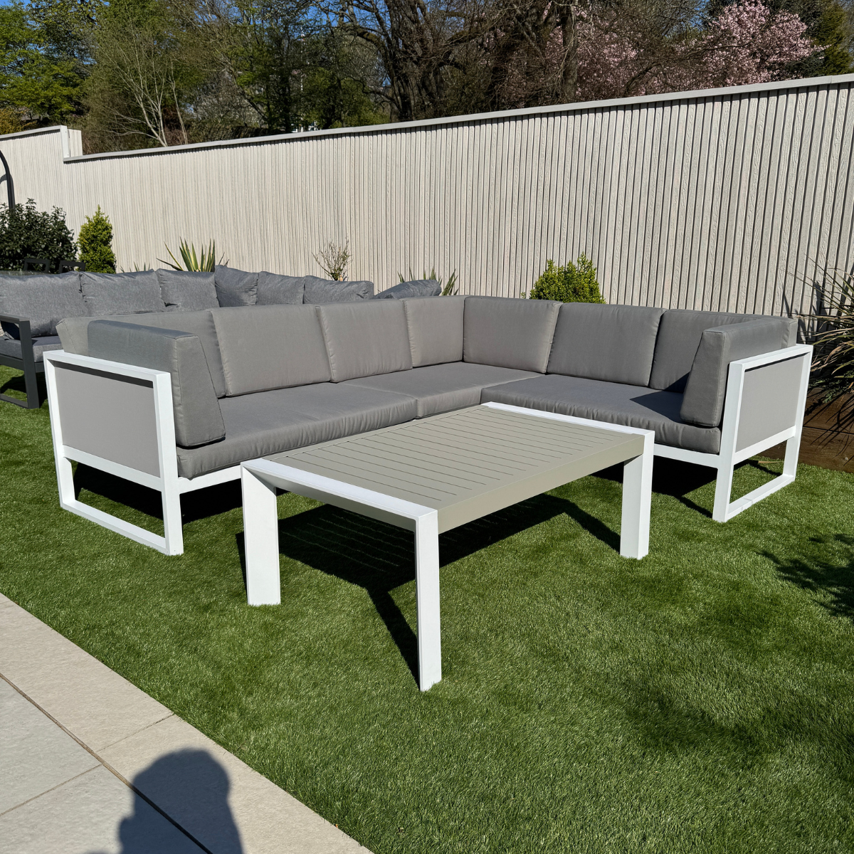 Milan Right Hand Corner Sofa Set in white Aluminium Frame with Grey Cushions - AMC Furniture