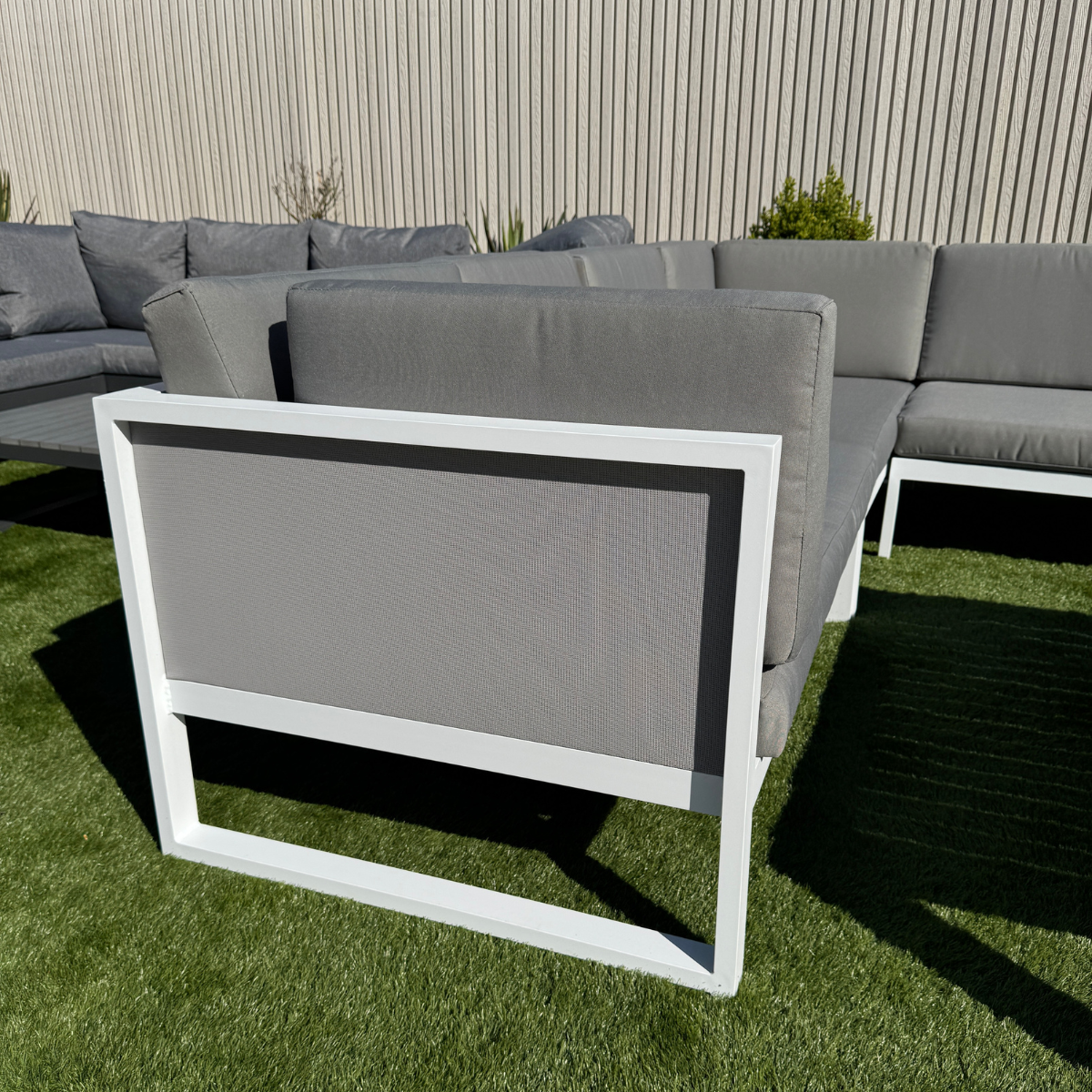 Milan Right Hand Corner Sofa Set in white Aluminium Frame with Grey Cushions - AMC Furniture