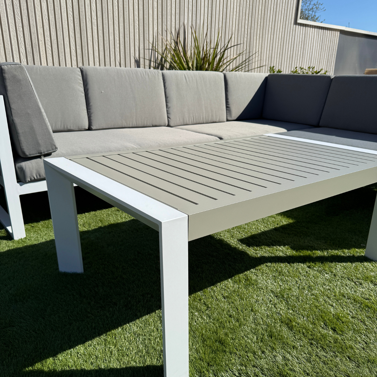 Milan Right Hand Corner Sofa Set in white Aluminium Frame with Grey Cushions - AMC Furniture