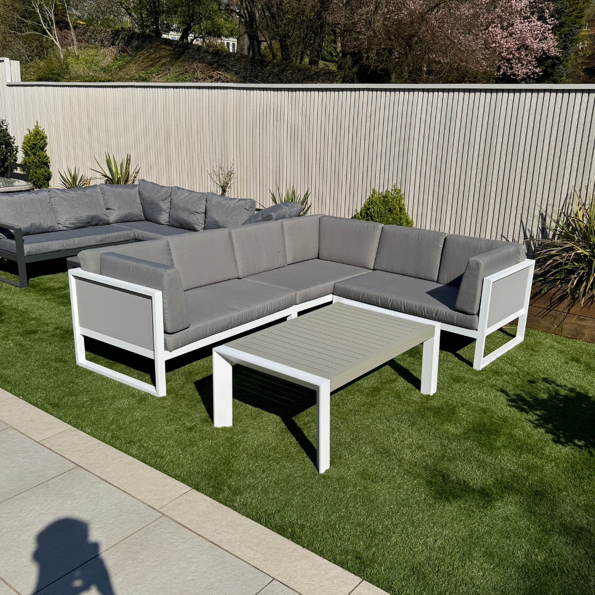 Milan Right Hand Corner Sofa Set in white Aluminium Frame with Grey Cushions - AMC Furniture