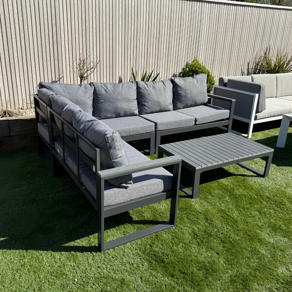 Luxe LHF Corner Set Charcoal Aluminium Frame With Grey Cushions - AMC Furniture