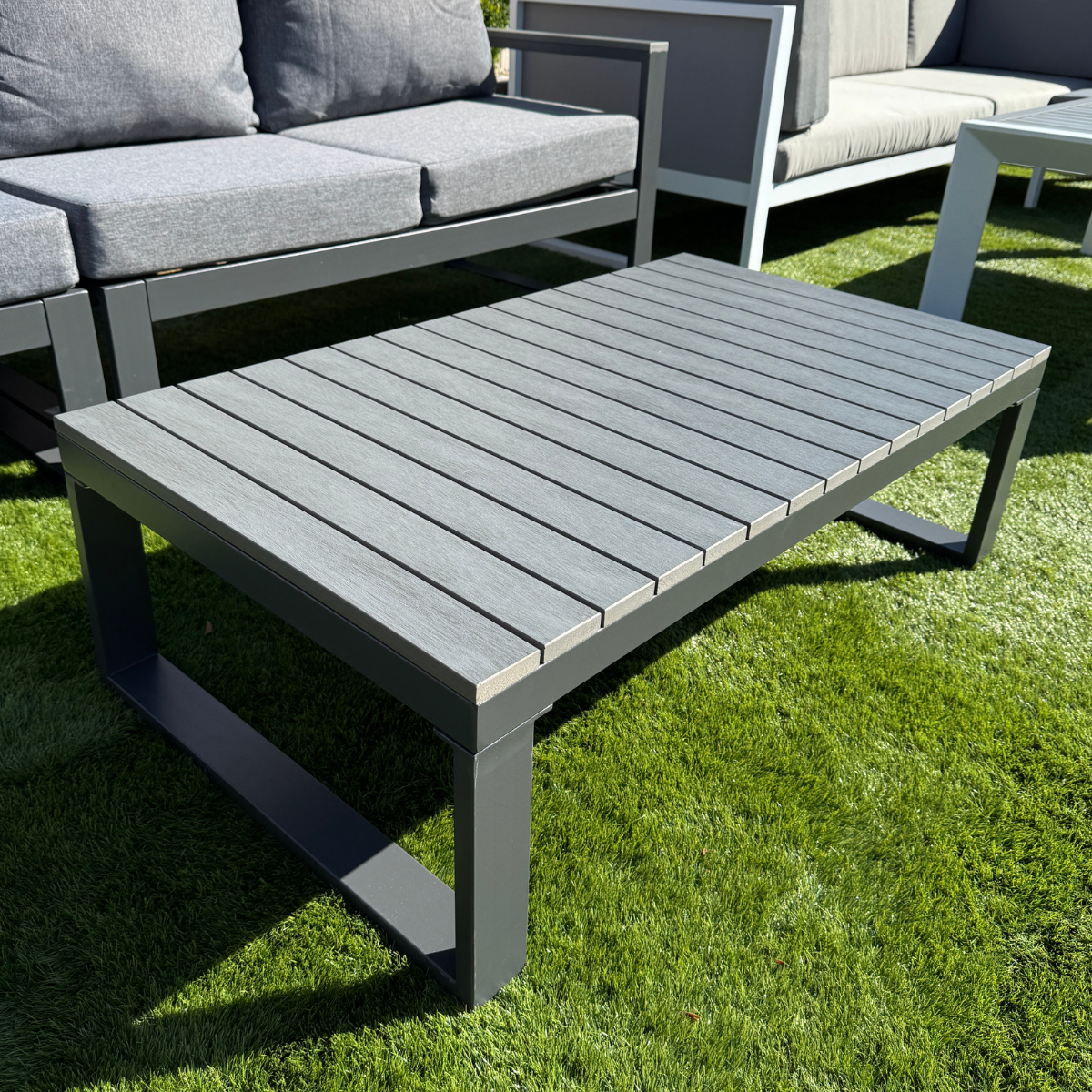 Luxe LHF Corner Set Charcoal Aluminium Frame With Grey Cushions - AMC Furniture