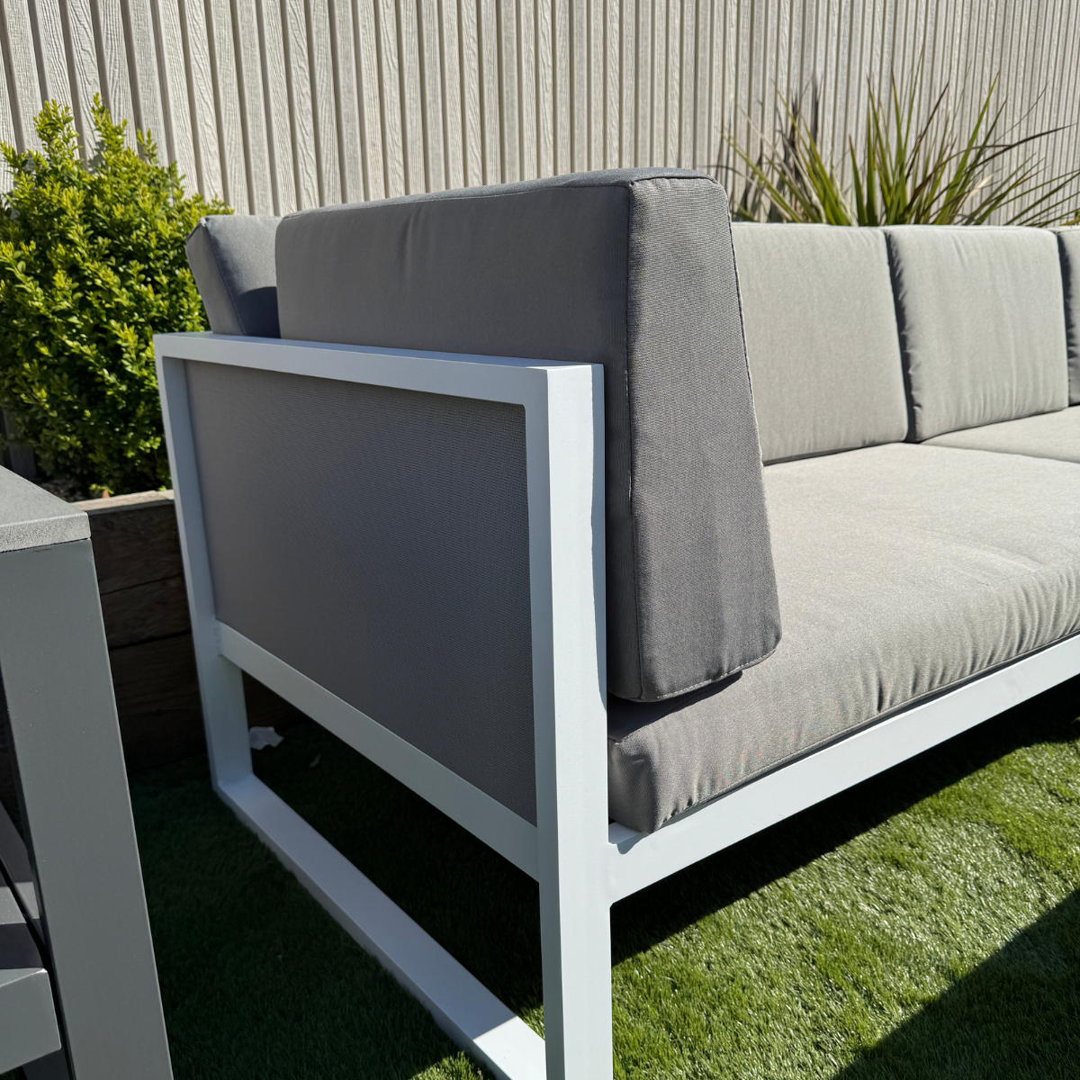 Milan Right Hand Corner Sofa Set in white Aluminium Frame with Grey Cushions - AMC Furniture