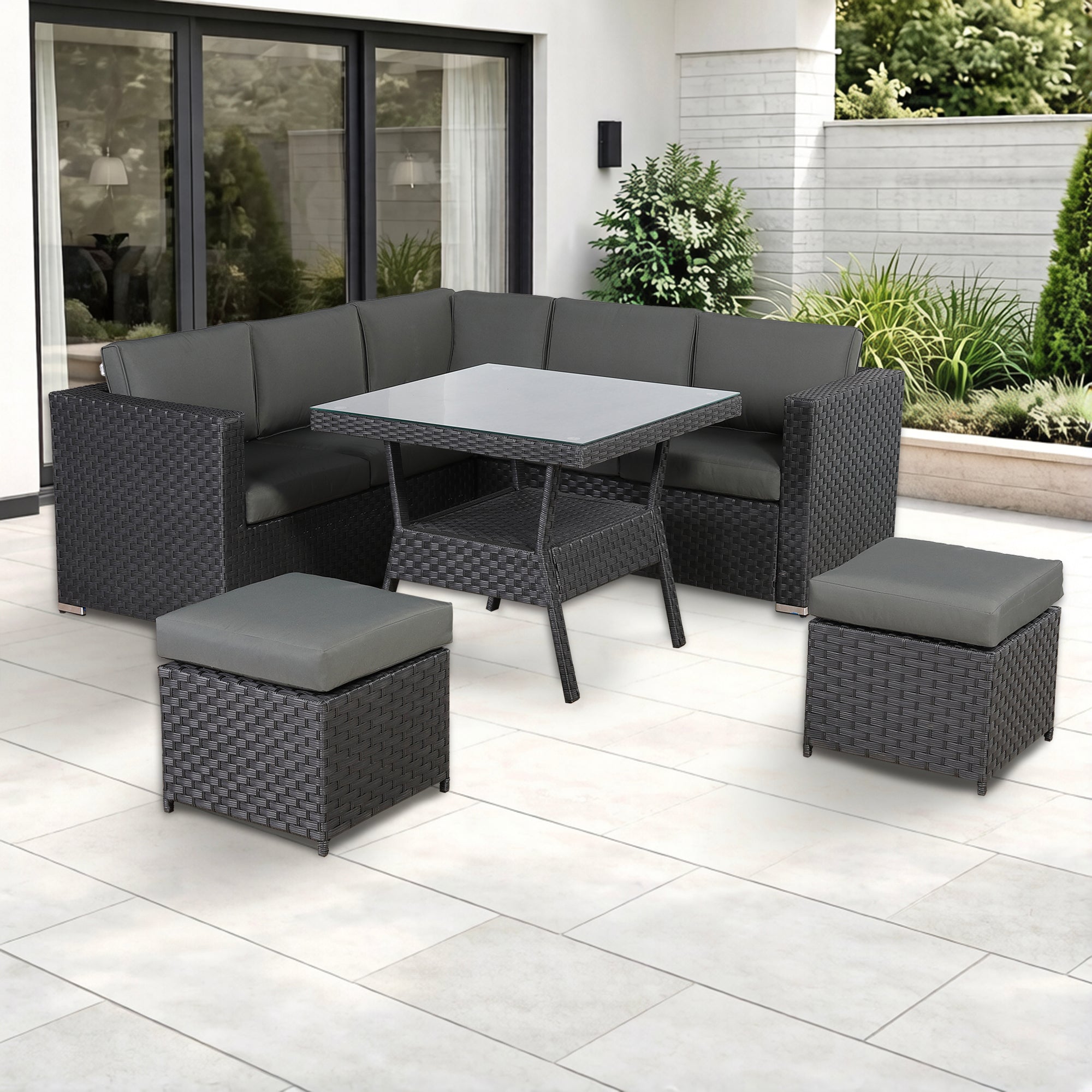Genoa Corner Sofa Dining Set with 2 Stools in Black - AMC Furniture