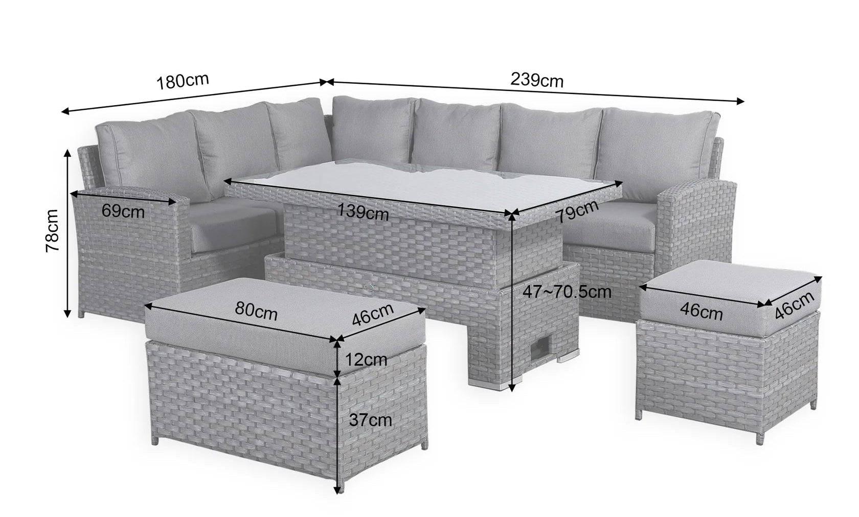 Casa Corner Sofa Set with Rising Dining Table in Grey (Left Hand)