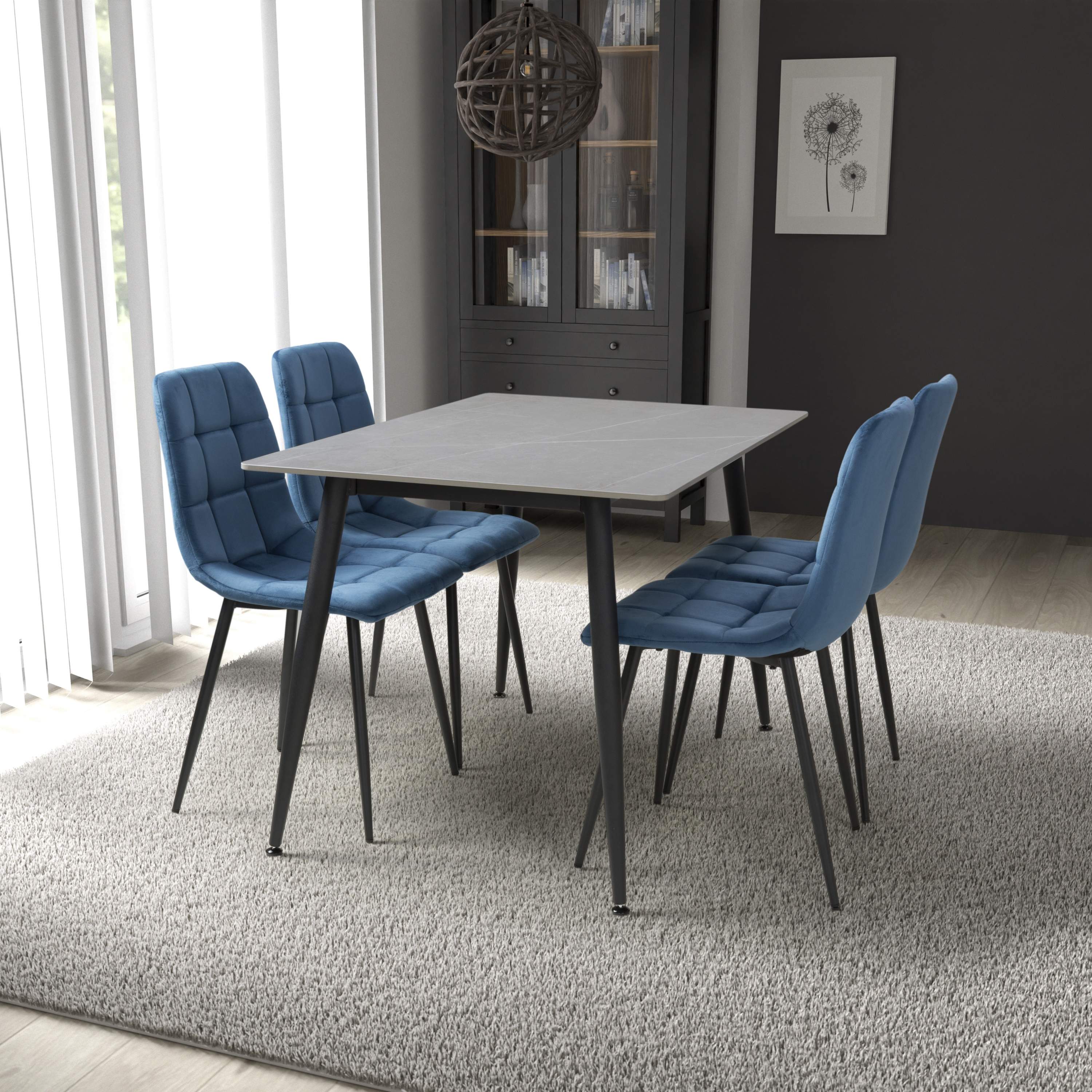 Stockholm 1.2m Grey Dining Table with Blue Loft Dining Chairs (14627351626106)