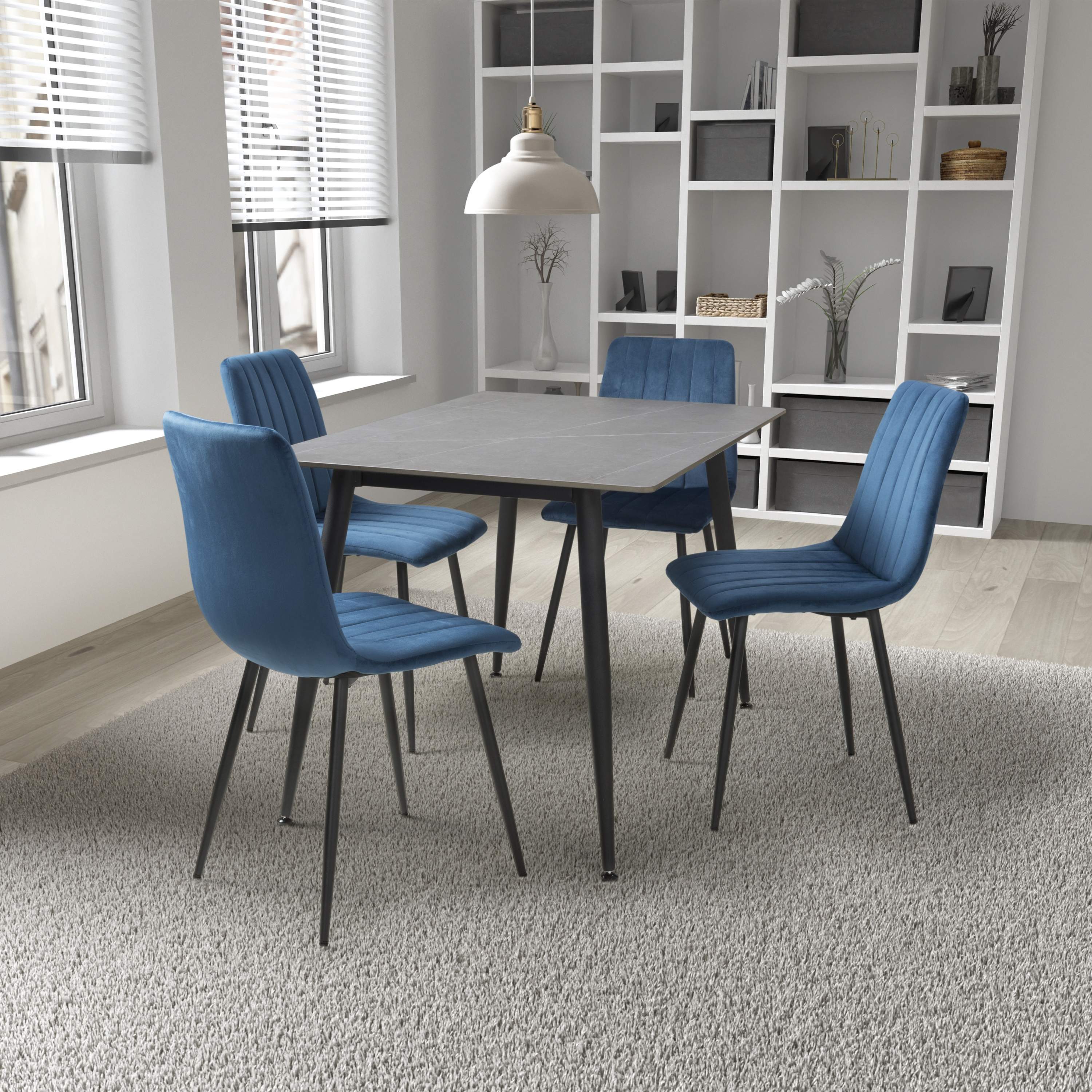 Stockholm 1.2m Grey Dining Table with Blue Leo Dining Chairs (14627351921018)