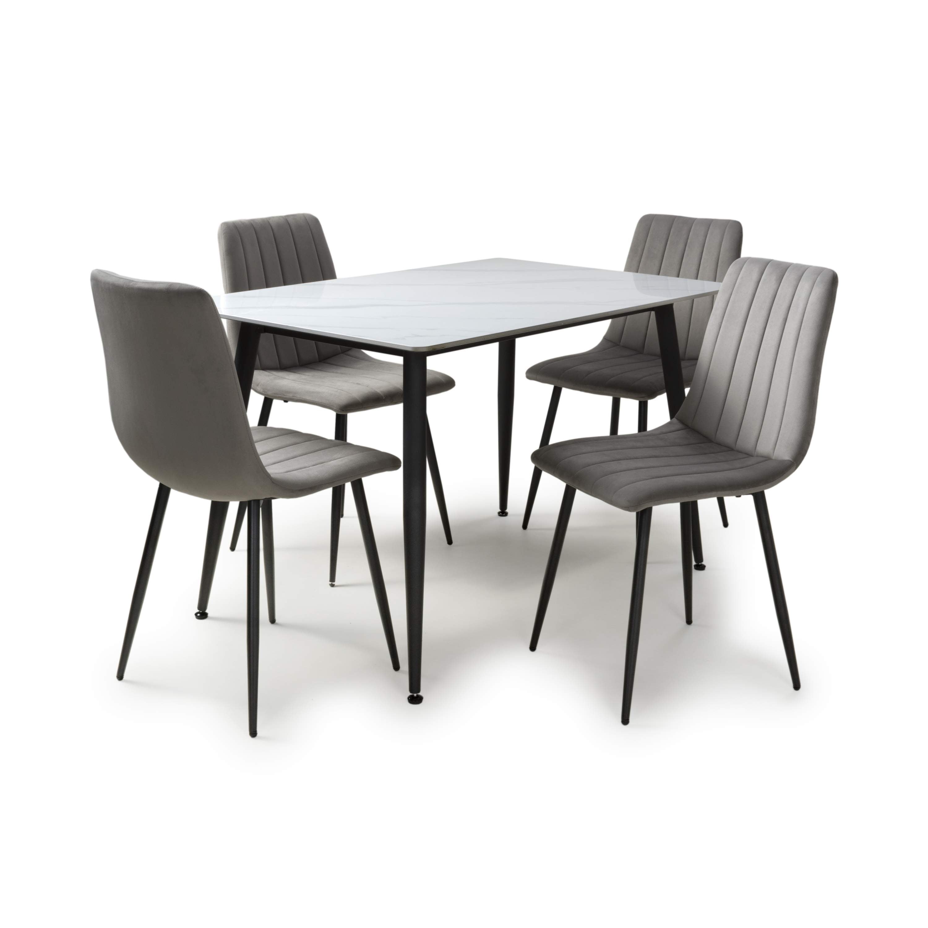 Stockholm 1.2m White Dining Table with Grey Leo Dining Chairs (14627352052090)