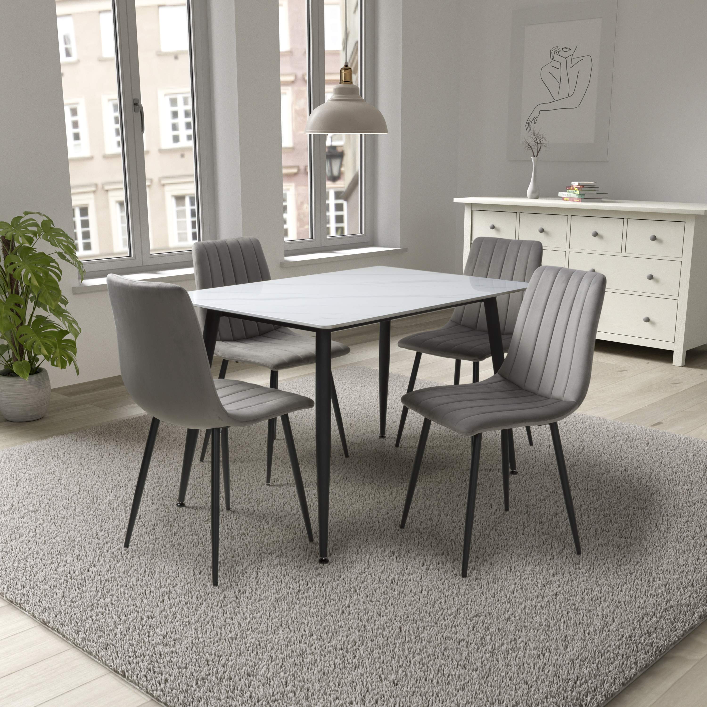 Stockholm 1.2m White Dining Table with Grey Leo Dining Chairs (14627352052090)