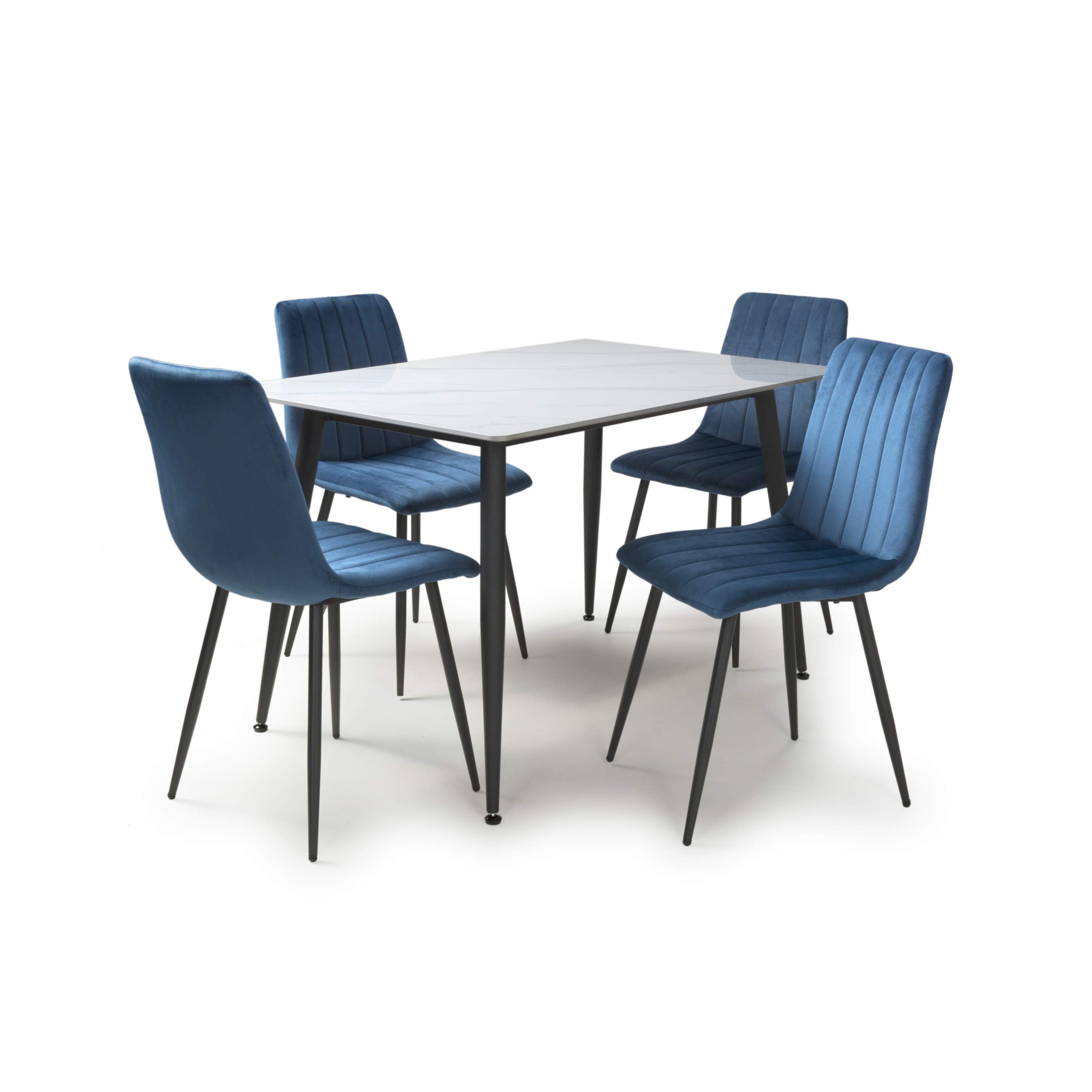 Stockholm 1.2m White Dining Table with Blue Leo Dining Chairs (14627352019322)