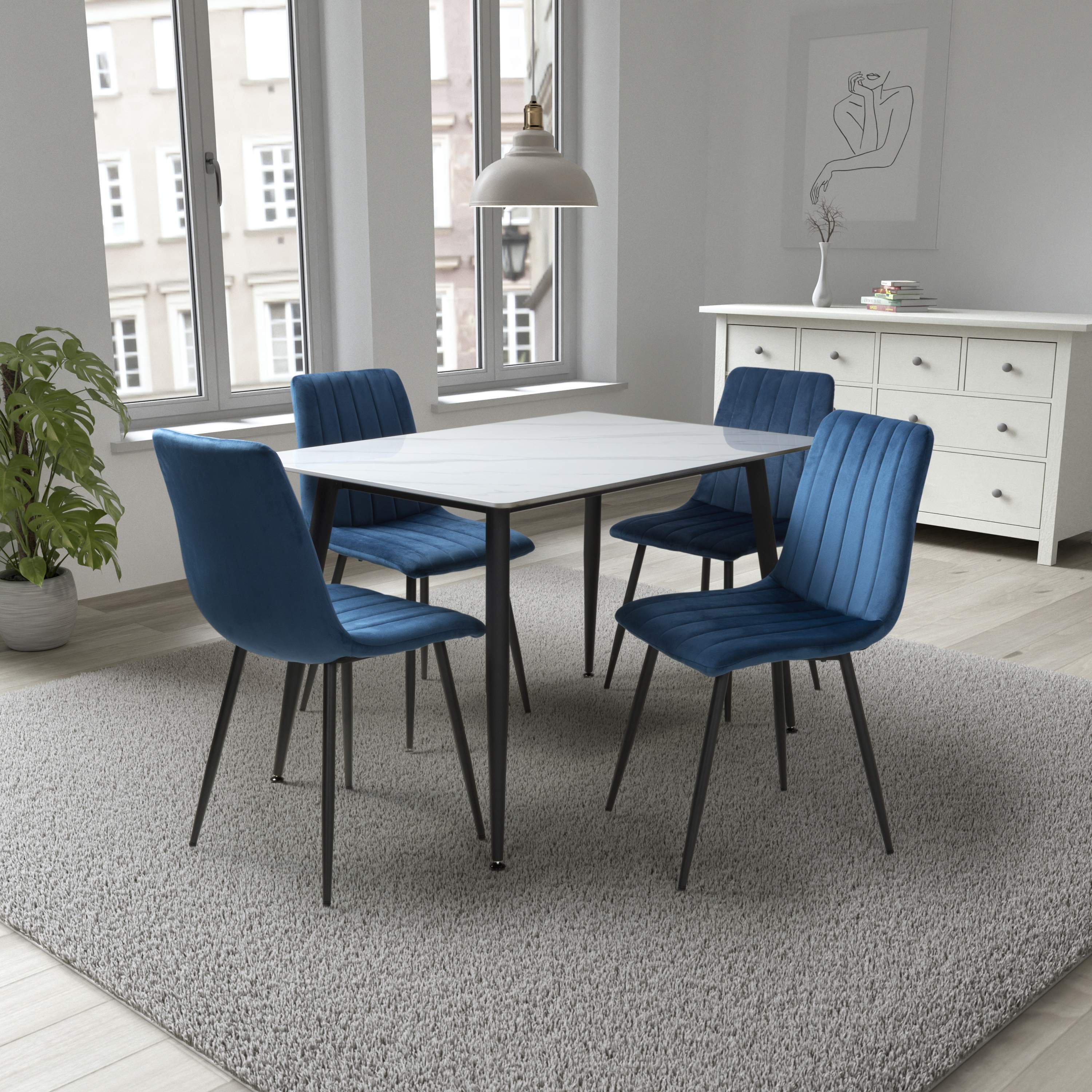 Stockholm 1.2m White Dining Table with Blue Leo Dining Chairs (14627352019322)
