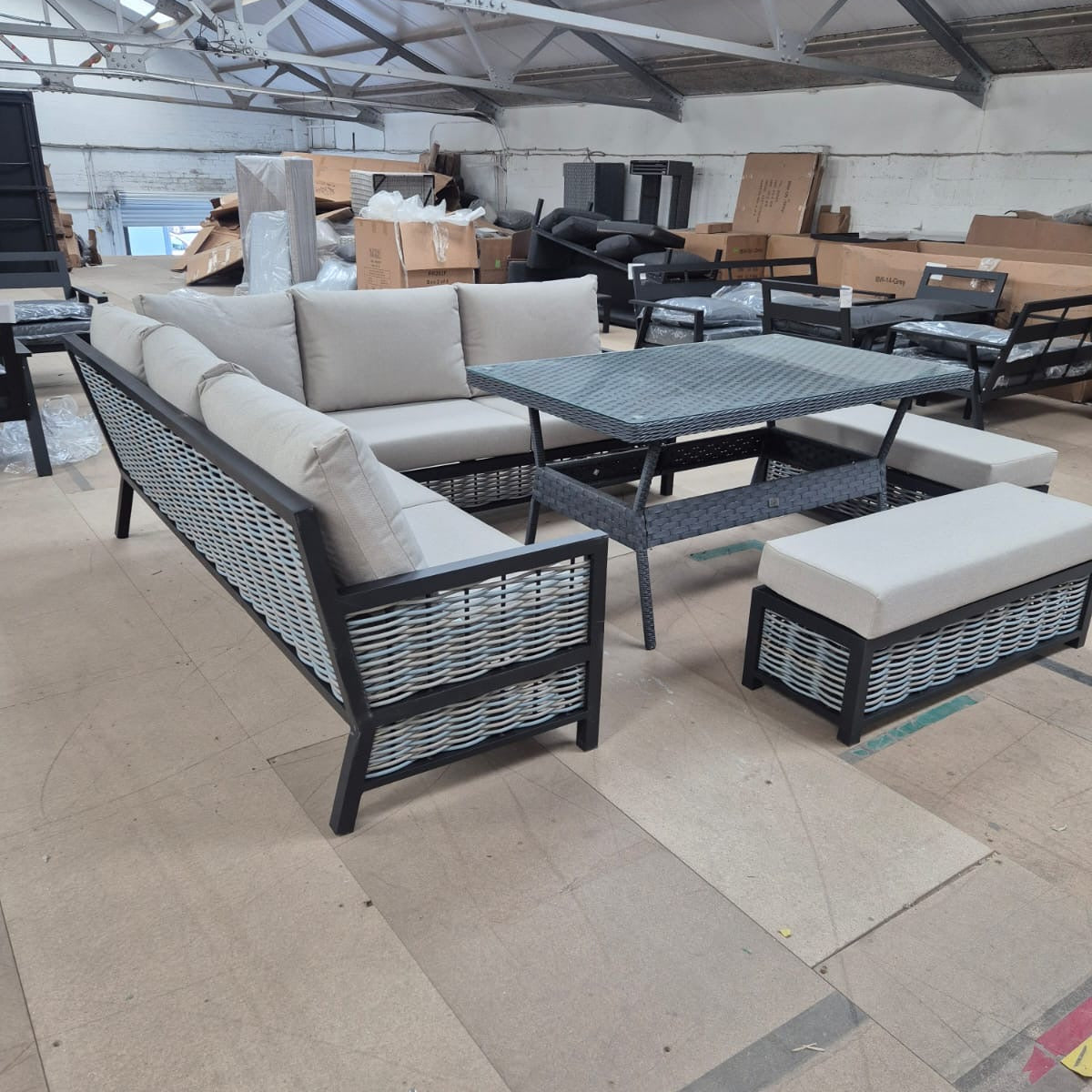 Ivy Aluminium Corner Sofa Set with Grey Rattan Dining Table