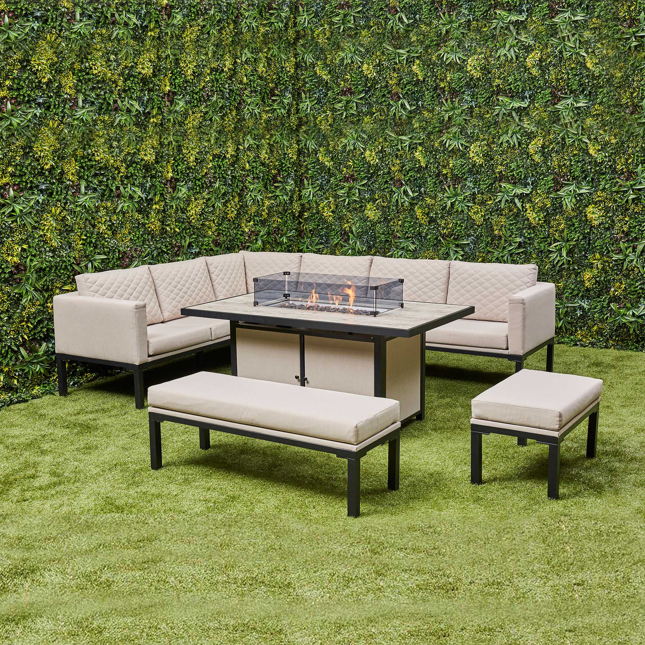 Ava Aluminium Corner Dining Set with Fire Pit – Beige (14930013585786)