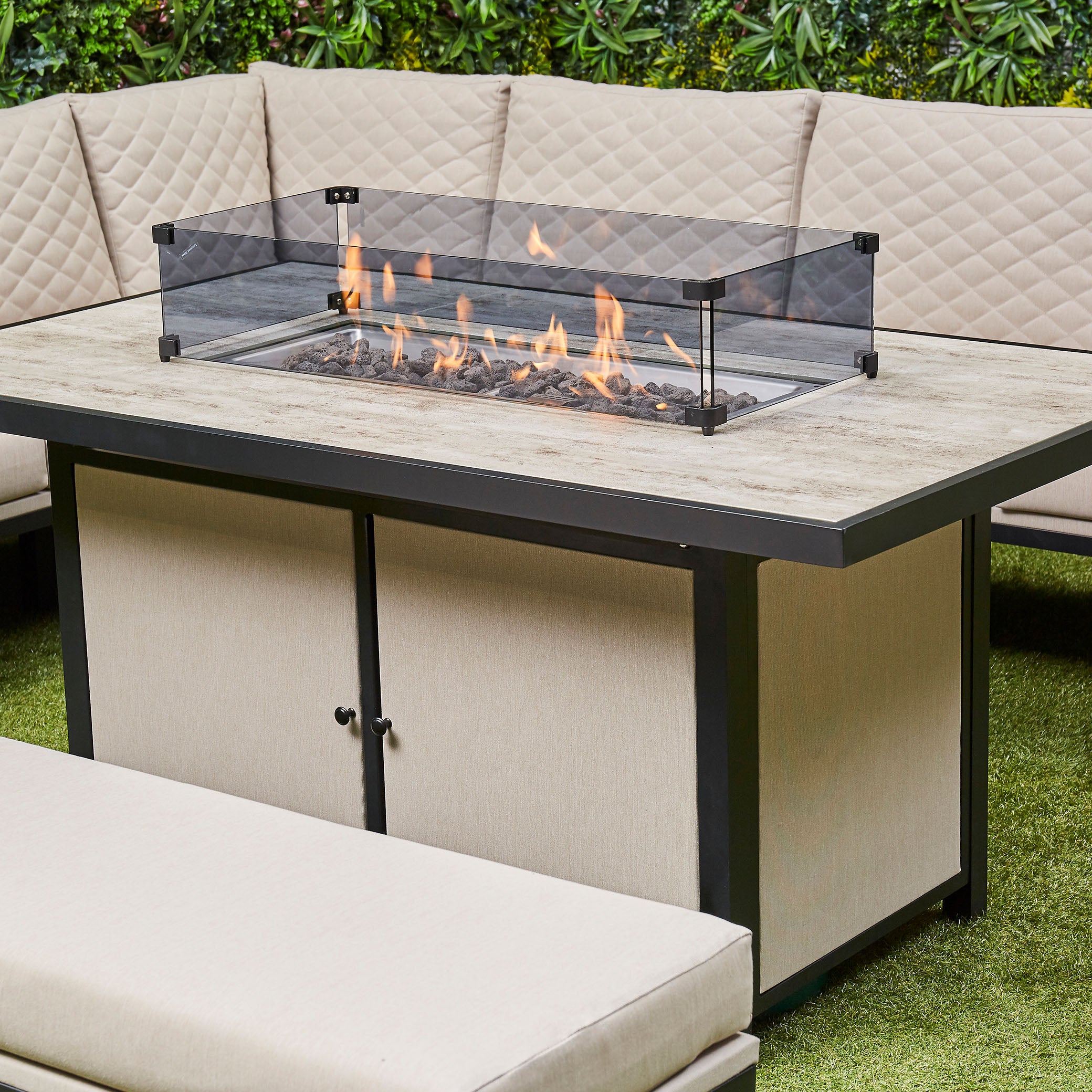 Ava Aluminium Corner Dining Set with Fire Pit – Beige (14930013585786)