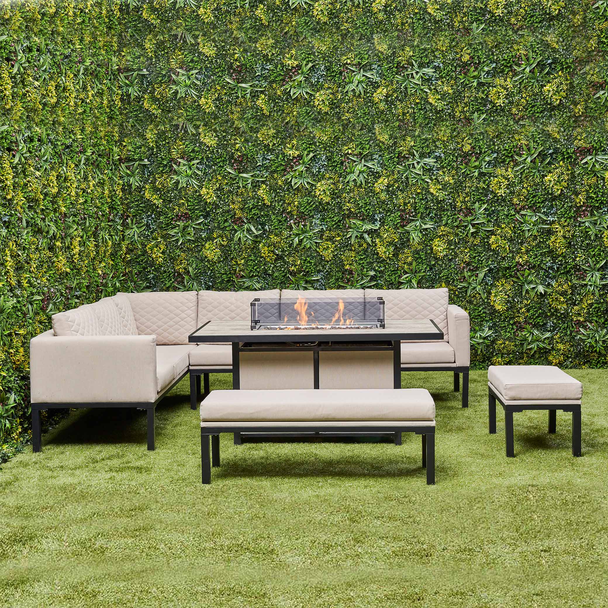 Ava Aluminium Corner Dining Set with Fire Pit – Beige (14930013585786)