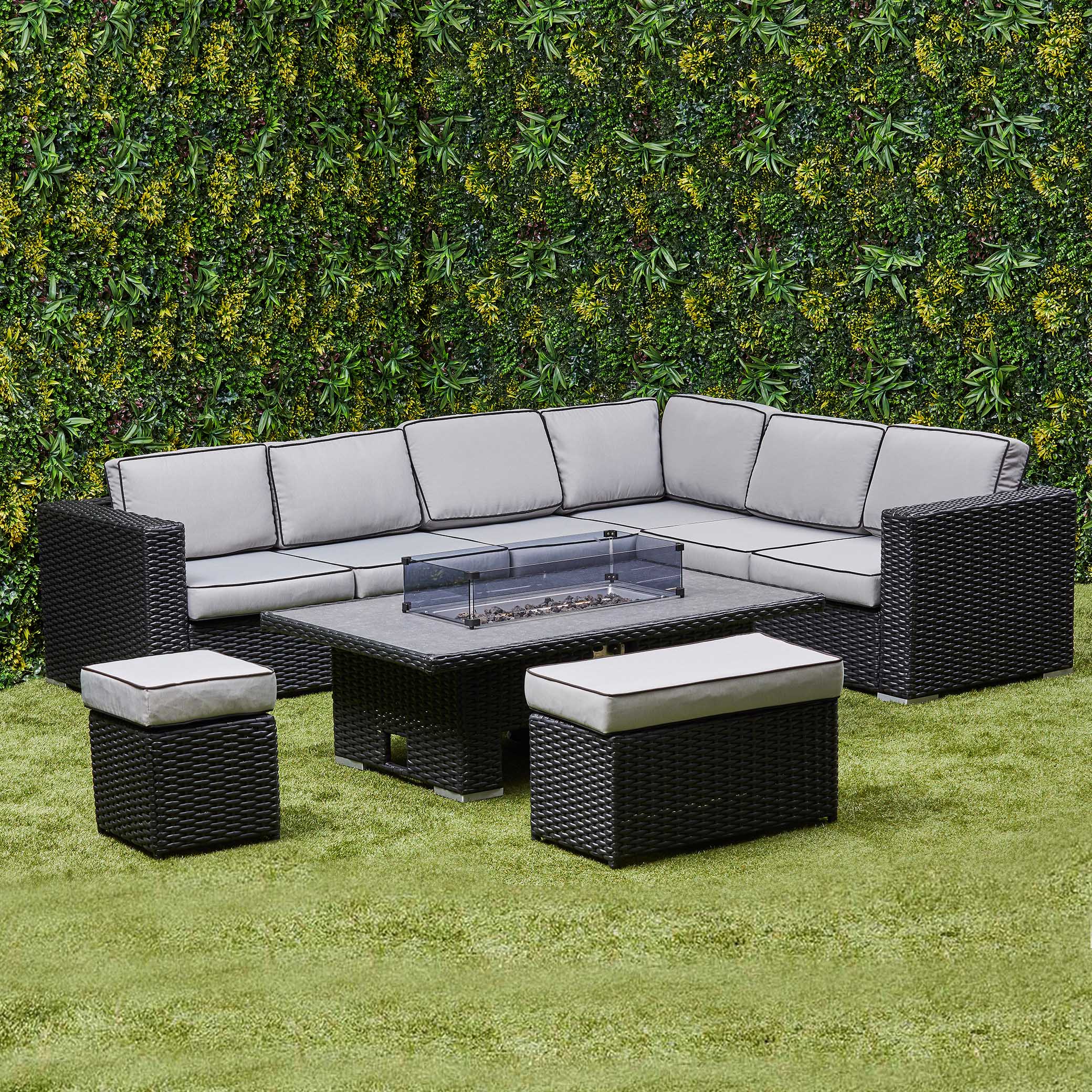 Chakra Rattan Corner Dining Set with Fire Pit – Black (14929991238010)