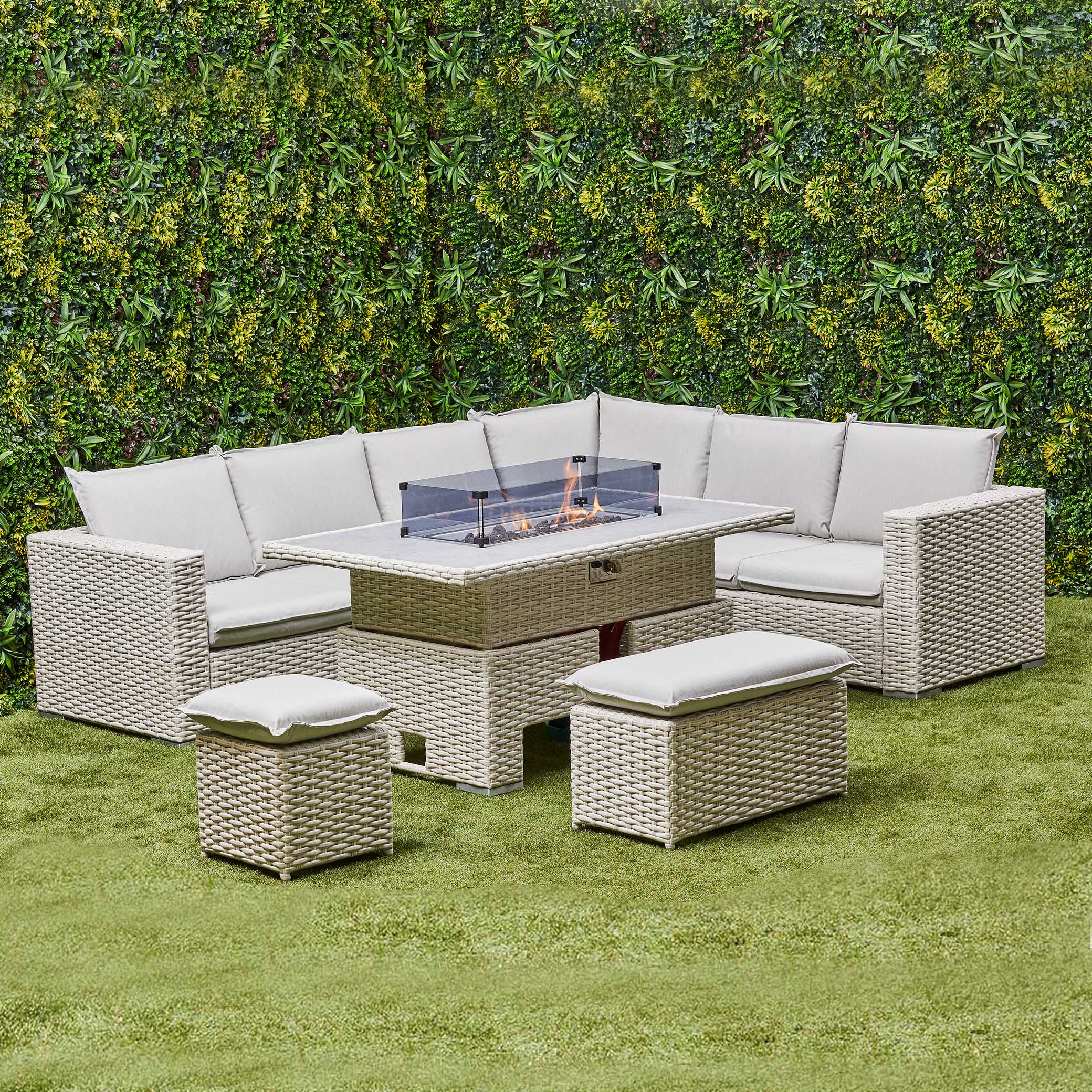 Chakra Rattan Corner Dining Set with Fire Pit – Beige (14930024857978)