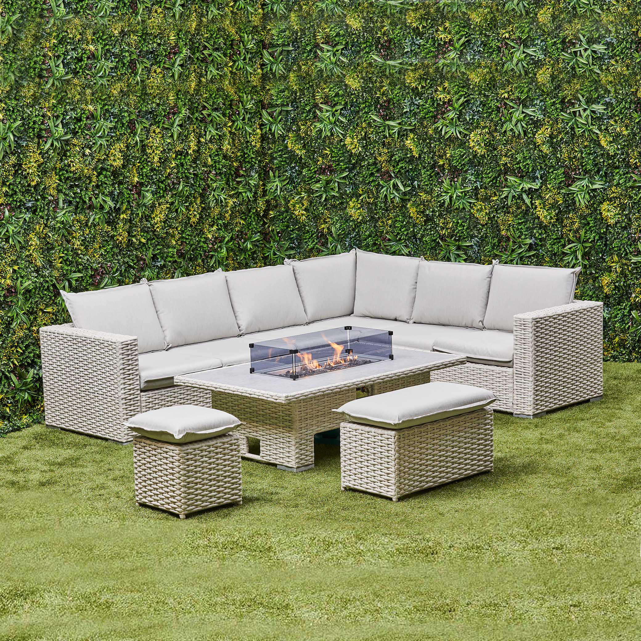 Chakra Rattan Corner Dining Set with Fire Pit – Beige (14930024857978)