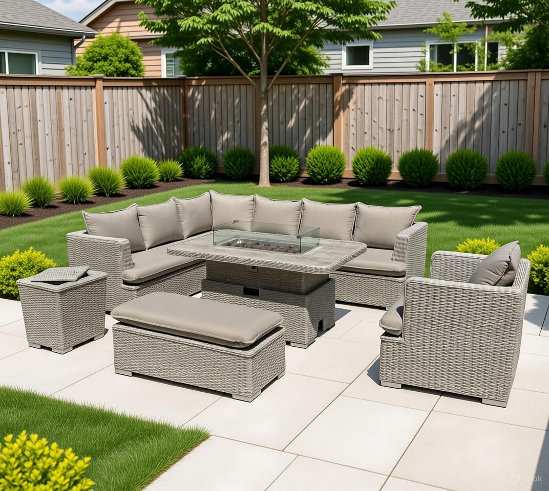 Asha Corner Rising Fire Pit Dining Set - Grey/Beige-lifestyle