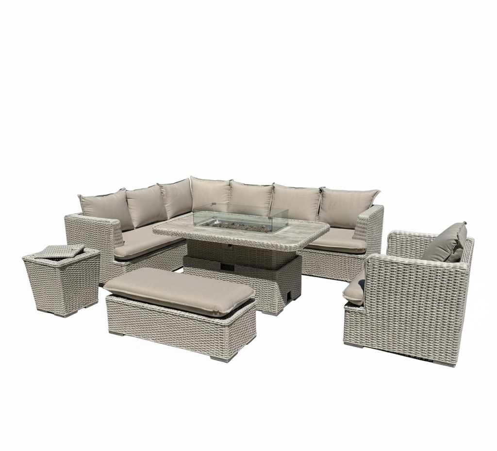 Asha Corner Rising Fire Pit Dining Set - Grey/Beige