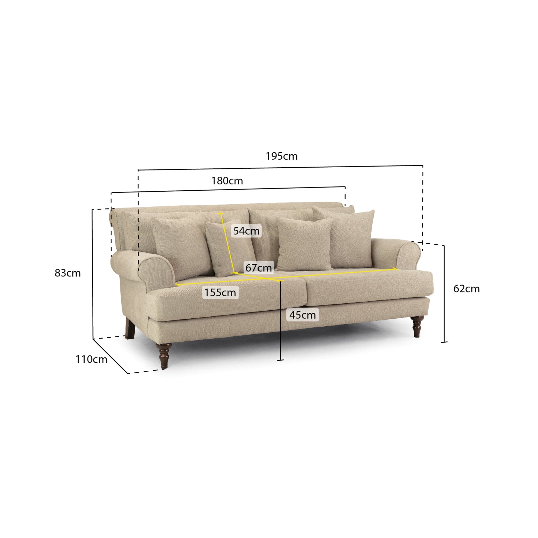 Aspen Sofa Beige 3 Seater - measurement view (7026361925696)