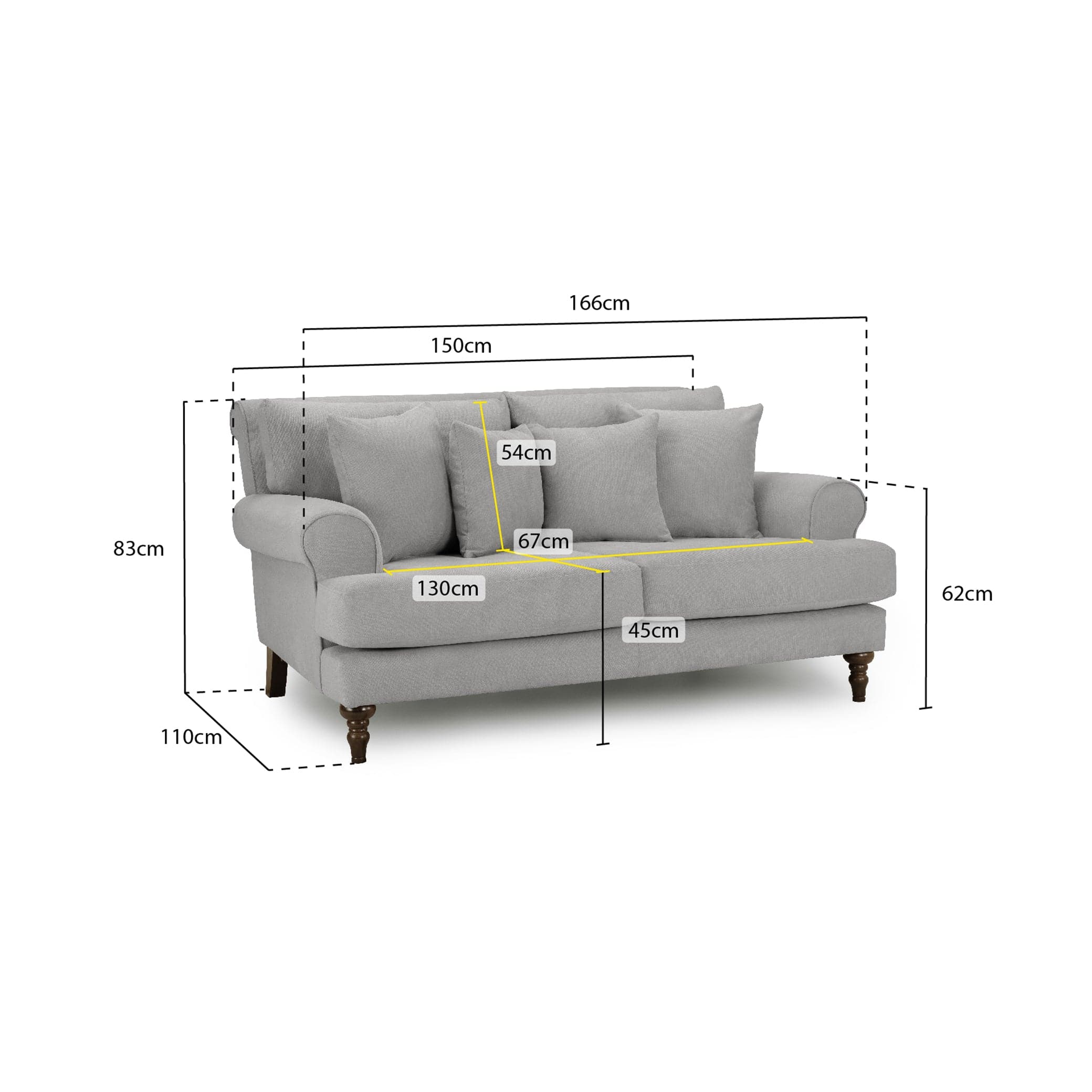 Aspen Sofa Grey 2 Seater - measurement view (7026363301952)
