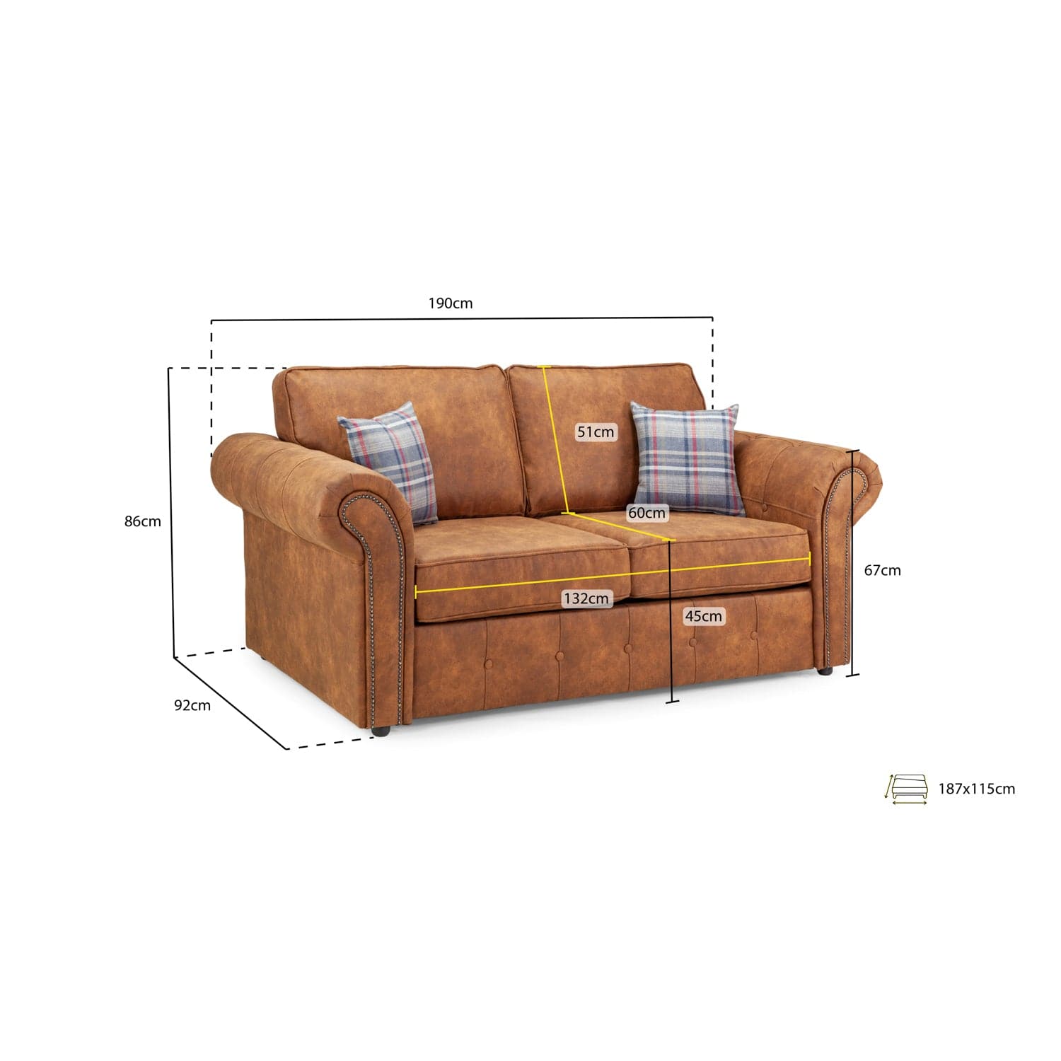 Atlanta Sofabed Tan 2 Seater - Measurements Details (7025816207424)