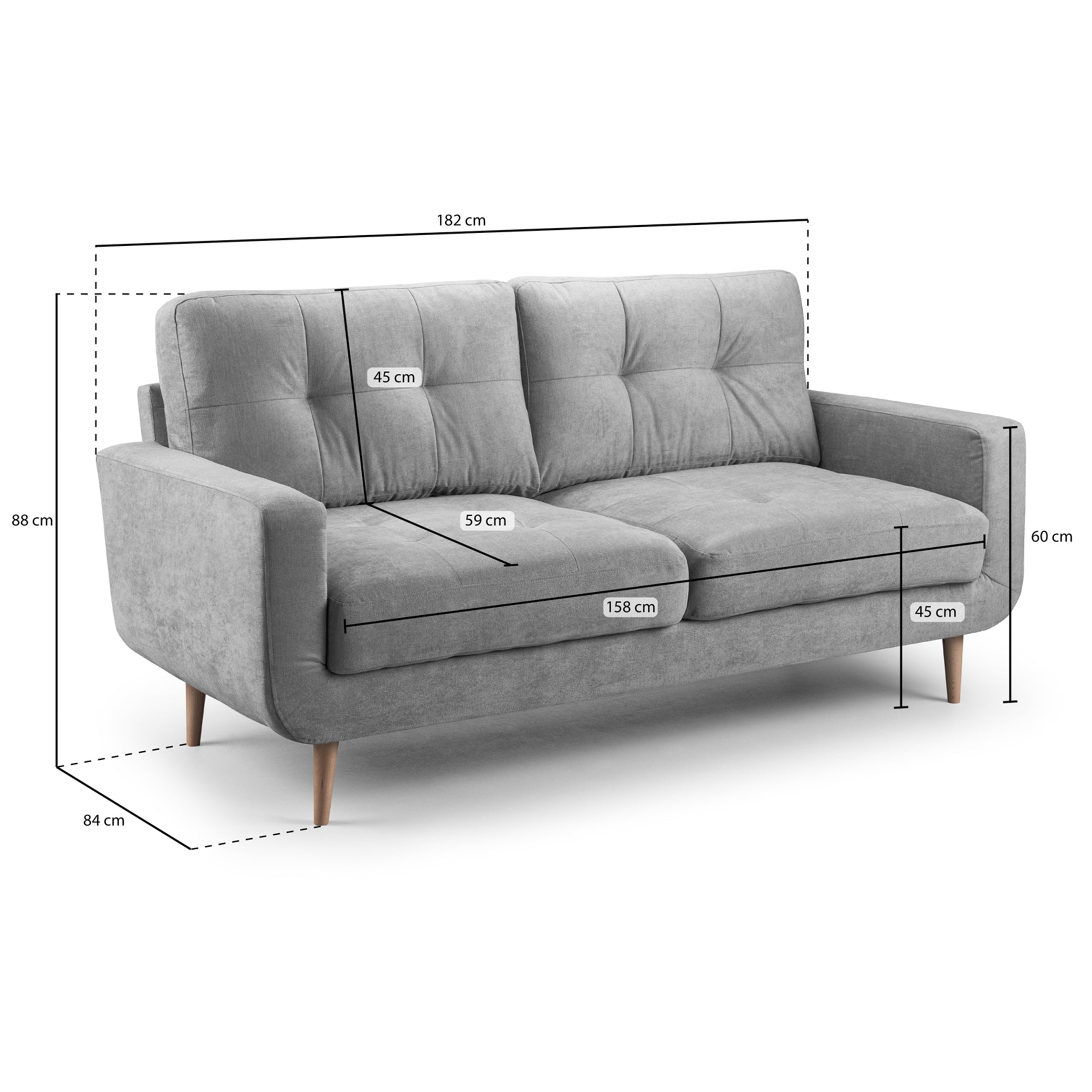 Madison Grey Three Seater Sofa - measurement view (7021695631424)