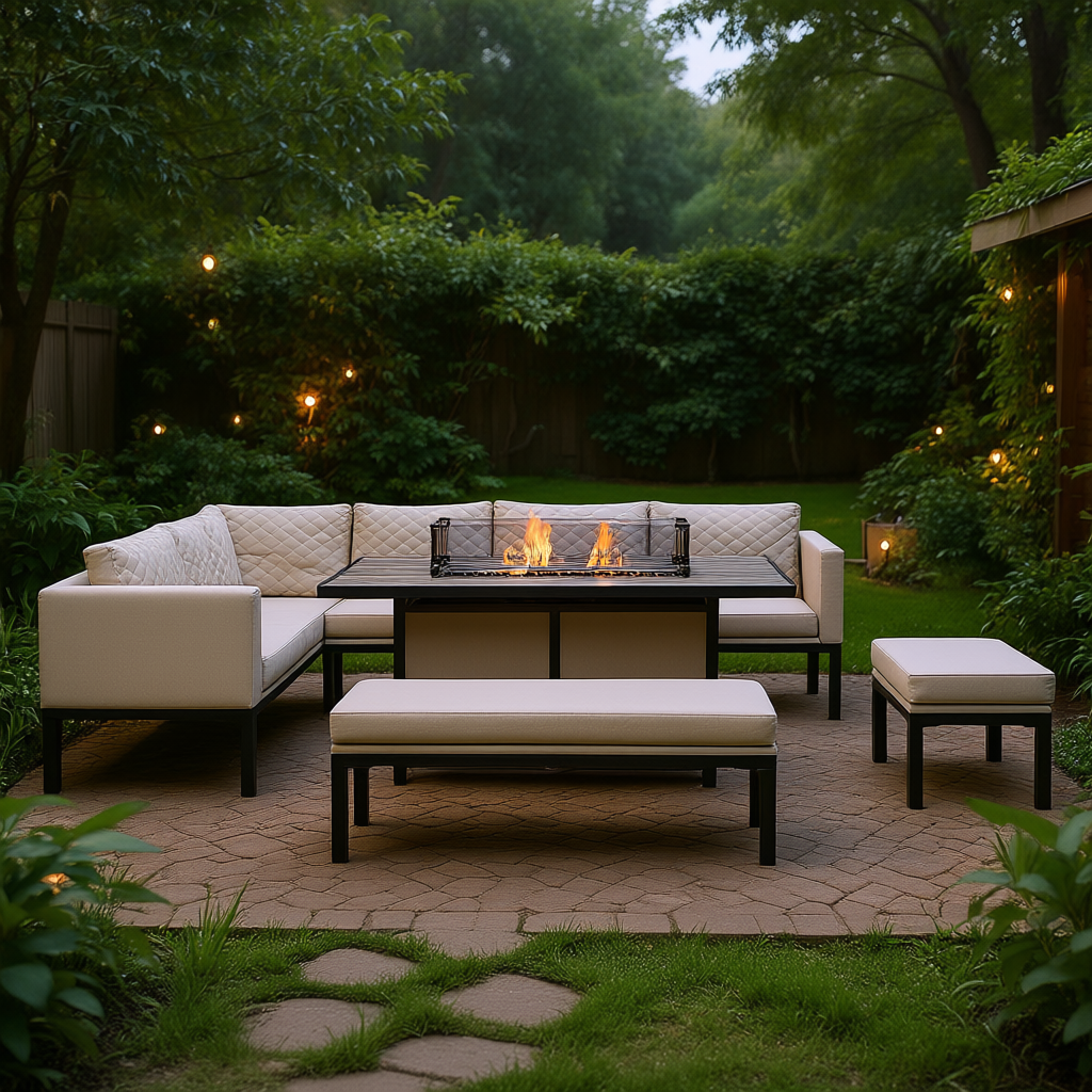 Ava Aluminium Corner Dining Set with Fire Pit – Beige