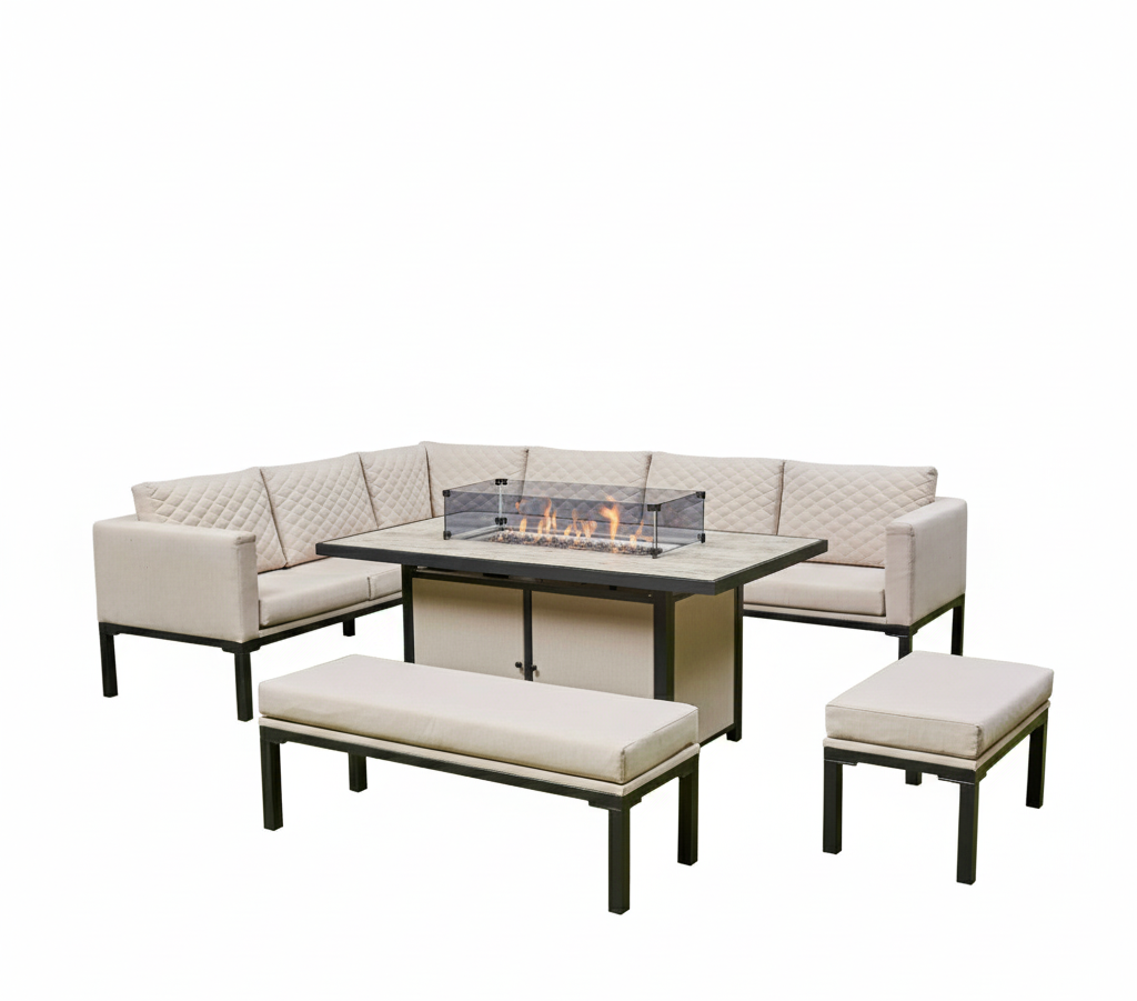 Ava Aluminium Corner Dining Set with Fire Pit – Beige