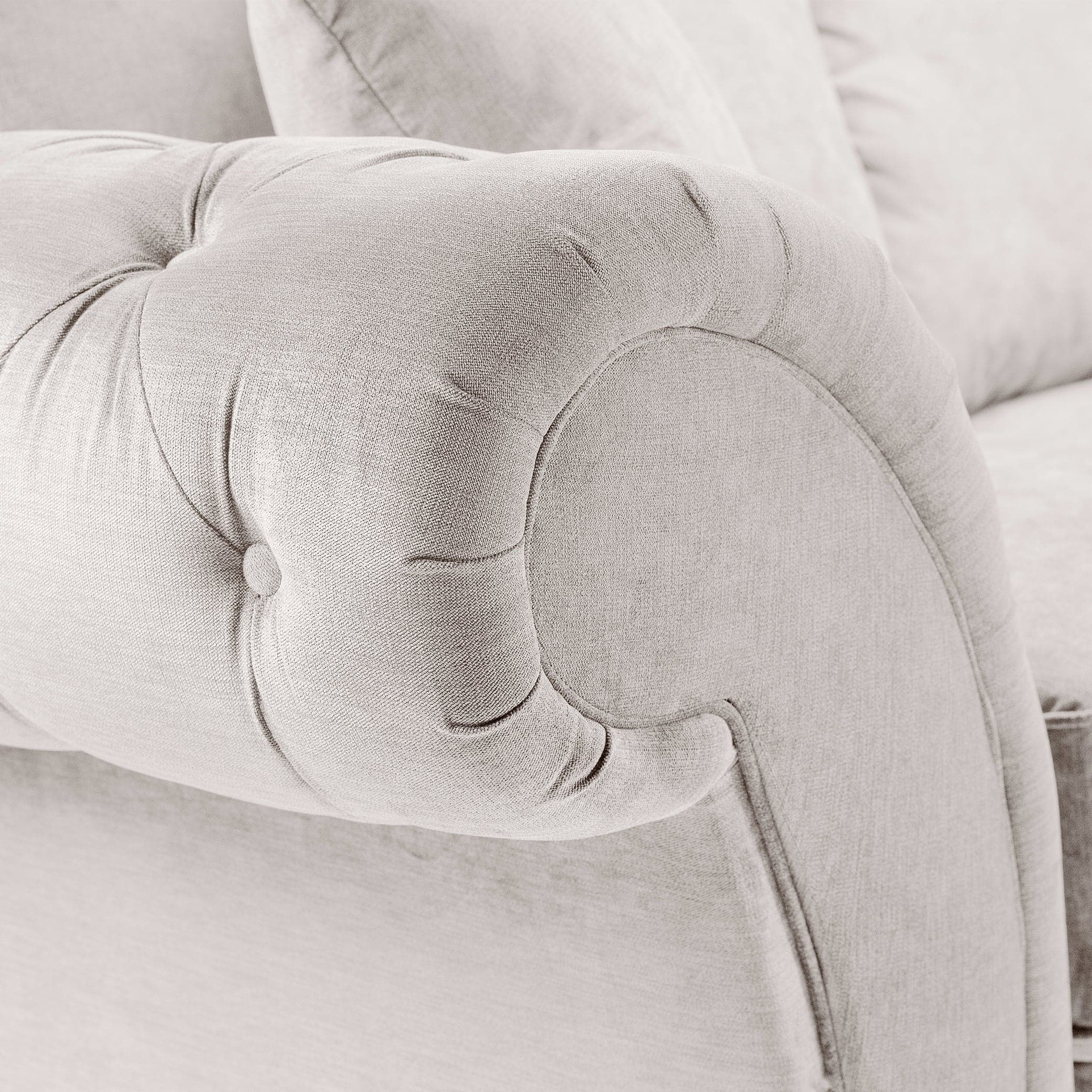 Berkshire Fullback Sofa Stone Left Hand Corner – close-up of buttoned arms (7026909380672)