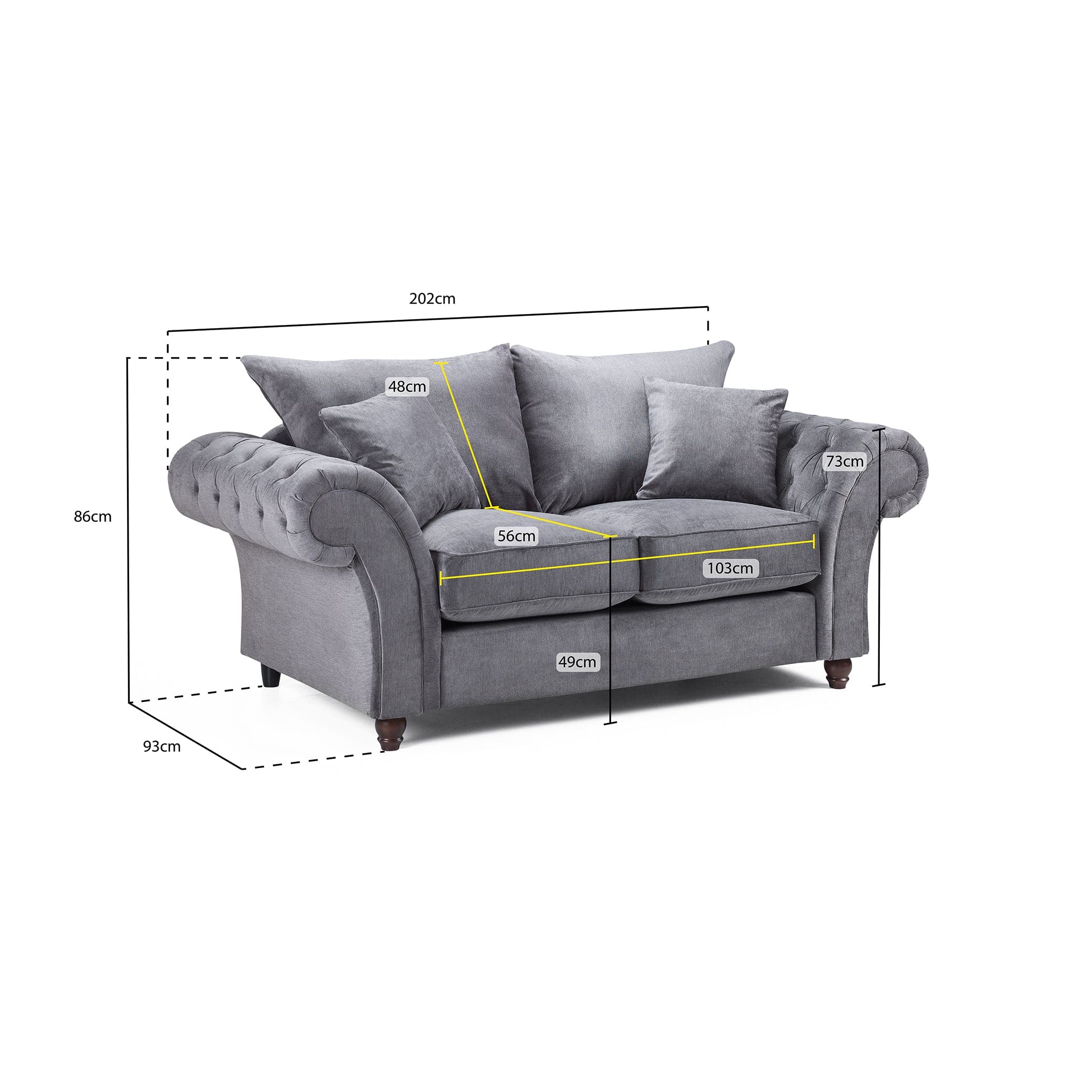 Berkshire Grey 2 Seater Sofa - measurement view (7026908528704)