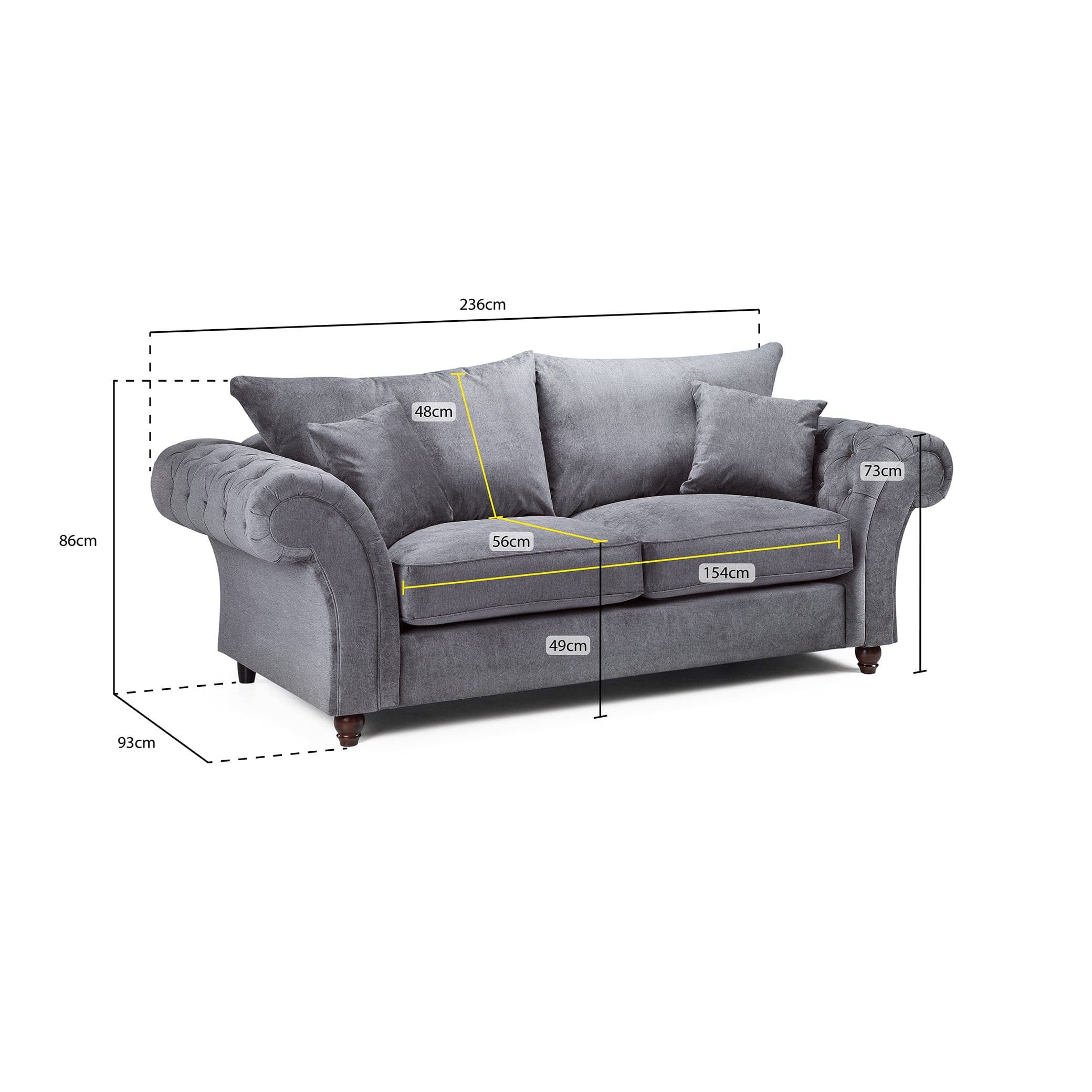 Berkshire Grey 3 Seater Sofa - measurement view (7026905776192)