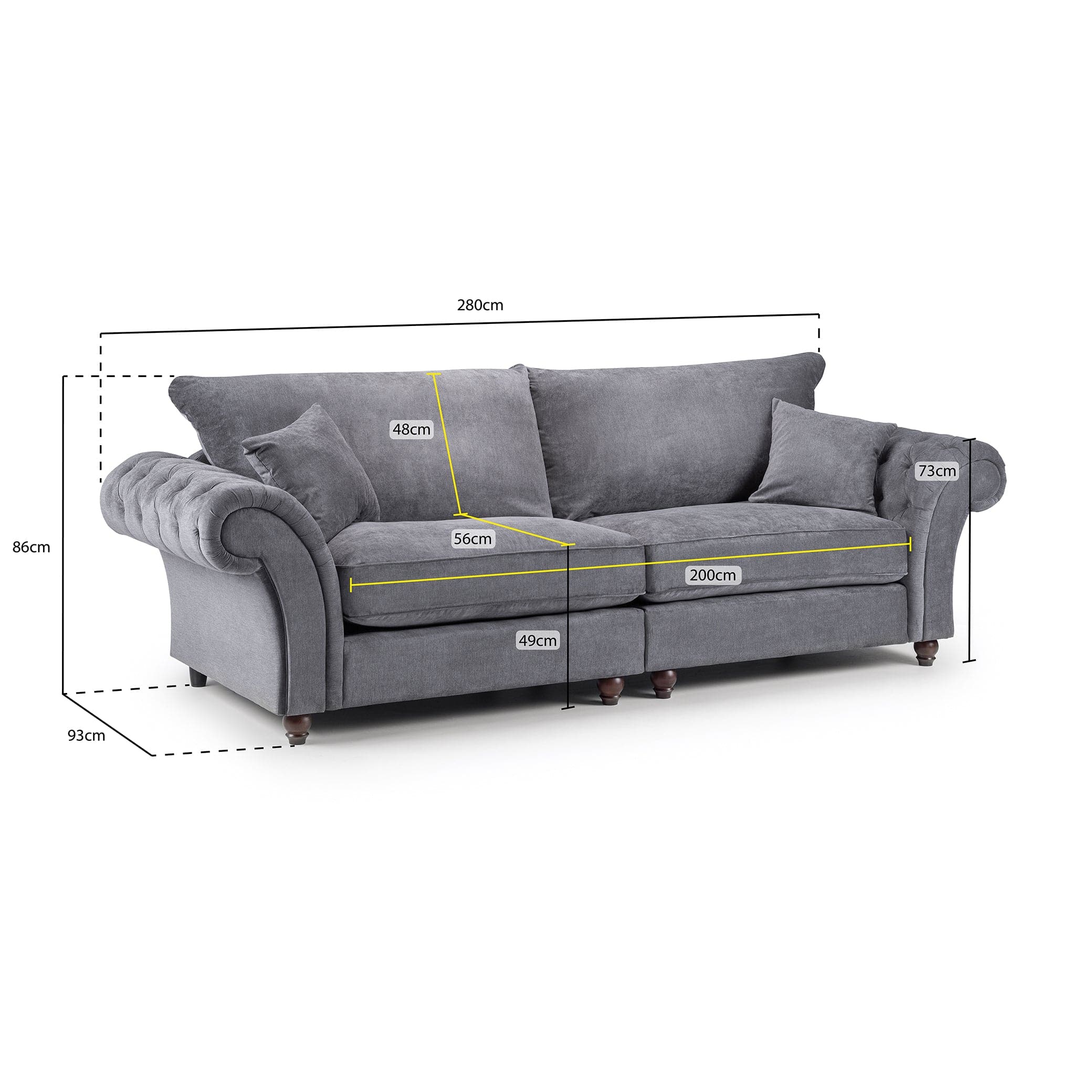 Berkshire Grey 4 Seater Sofa - measurement view (7026905710656)
