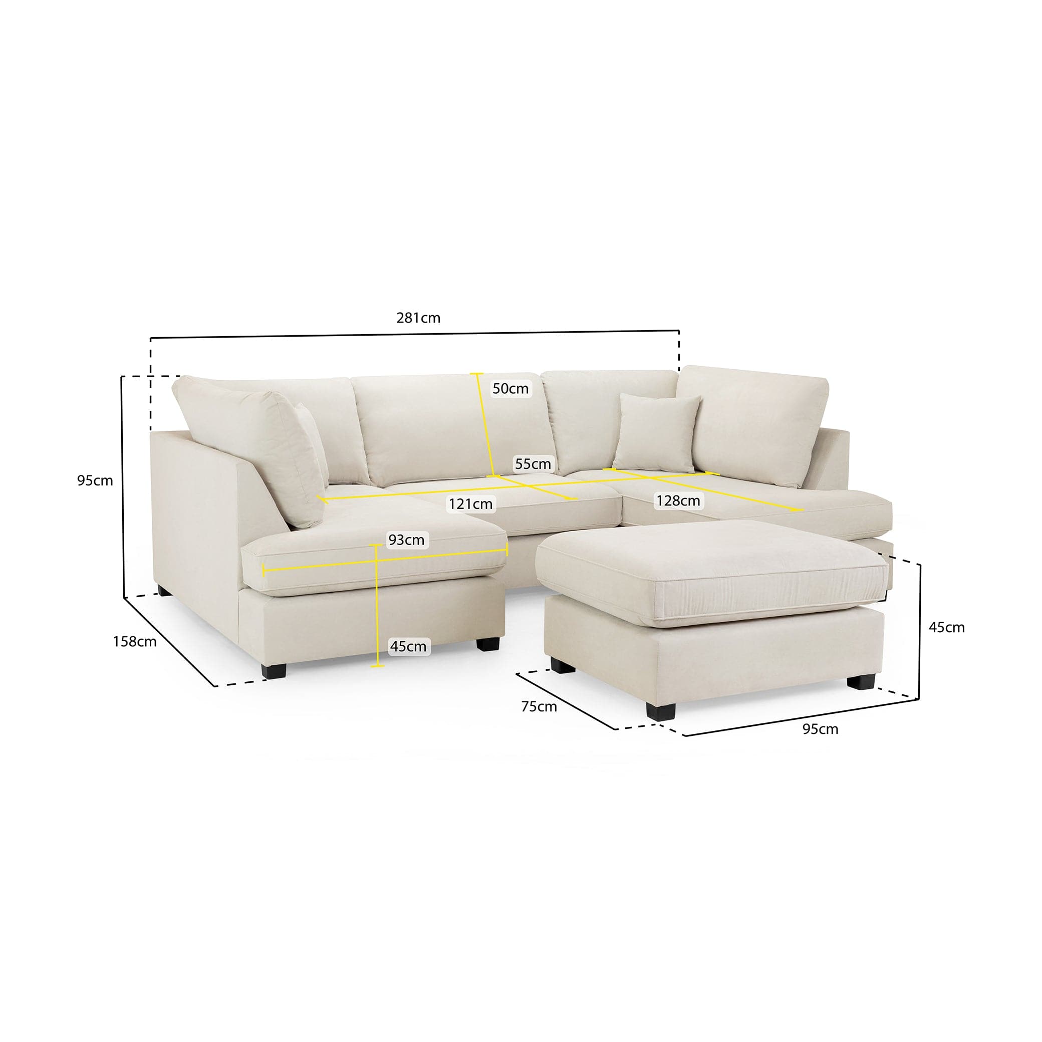 Camden U-Shape Corner Sofa with Footstool – Beige– Seat Depth Detail (7022918860864)