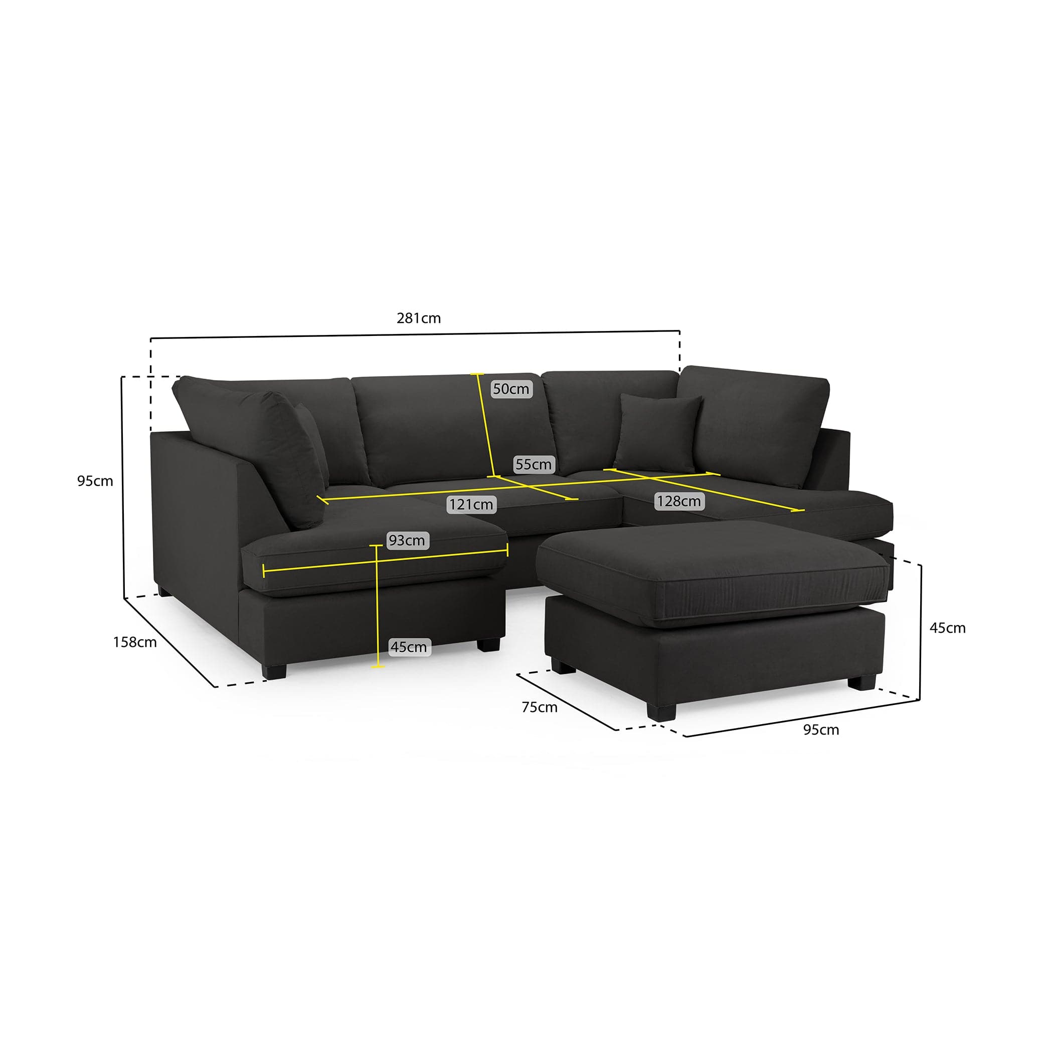 Camden U-Shape Corner Sofa with Footstool – Black– Seat Depth Detail (7022917615680)