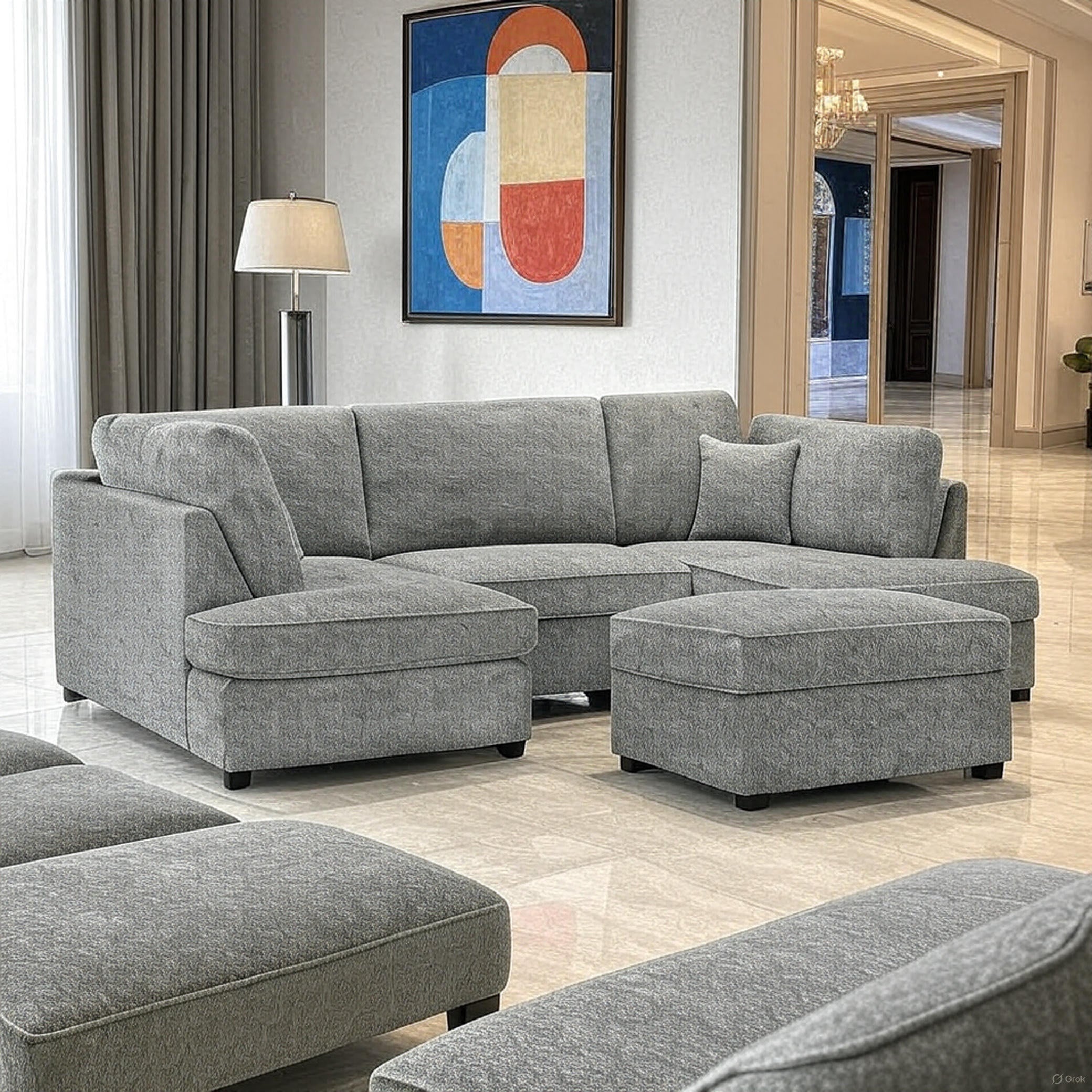 Camden U Shape Corner Sofa with Footstool - Grey Boucle