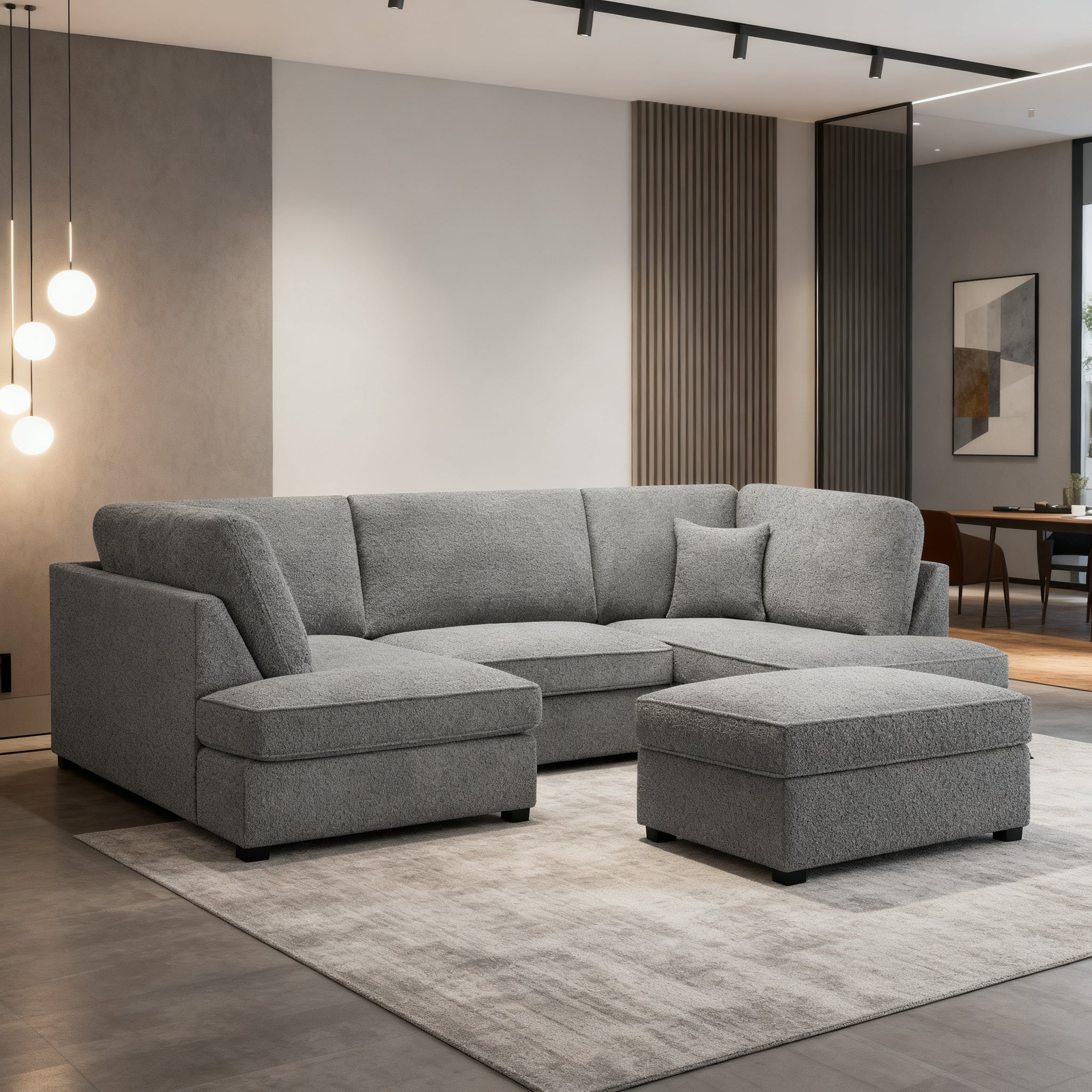 Camden U Shape Corner Sofa with Footstool - Grey Boucle (7022930985024)