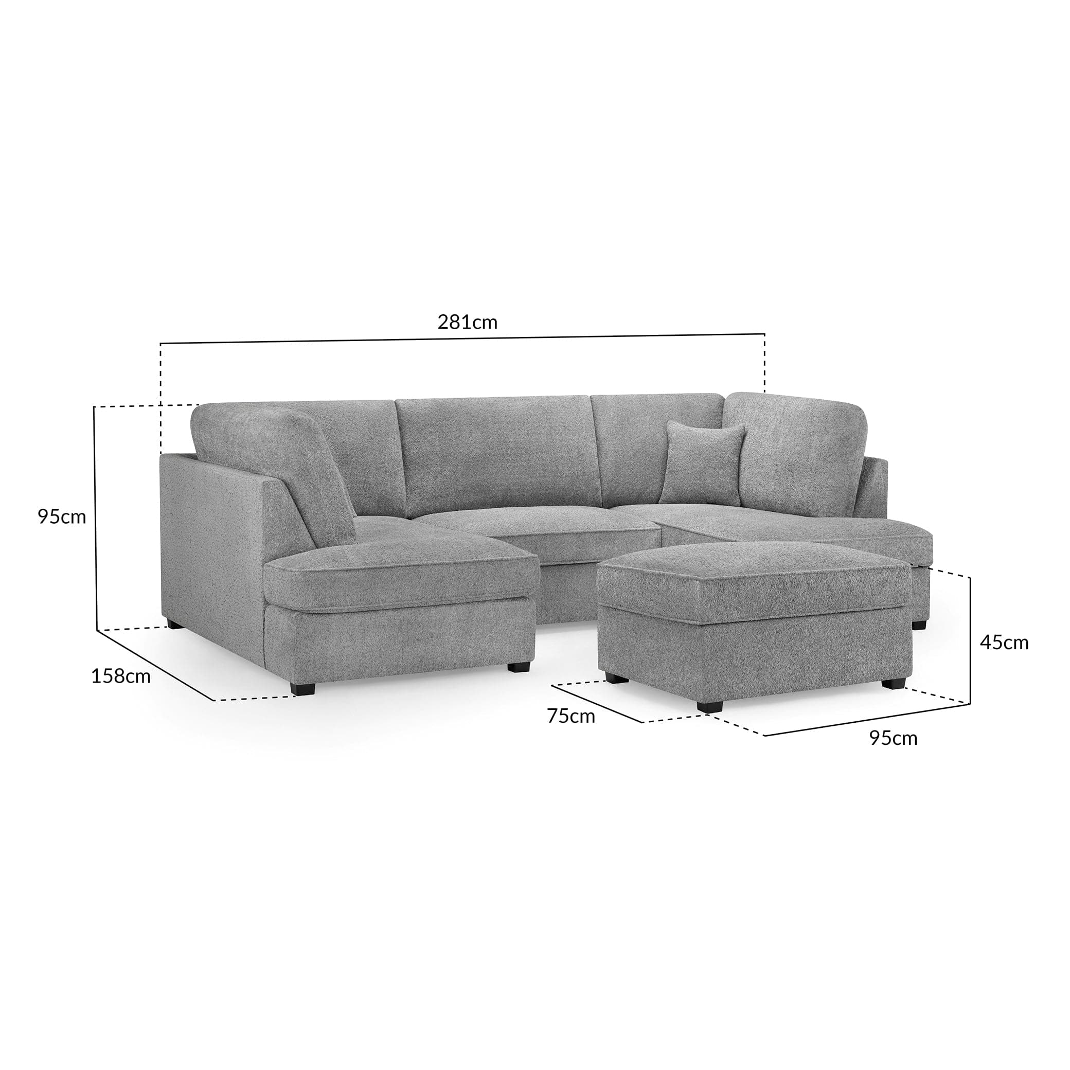 Camden U Shape Corner Sofa with Footstool - Grey Boucle-measurement view (7022930985024)