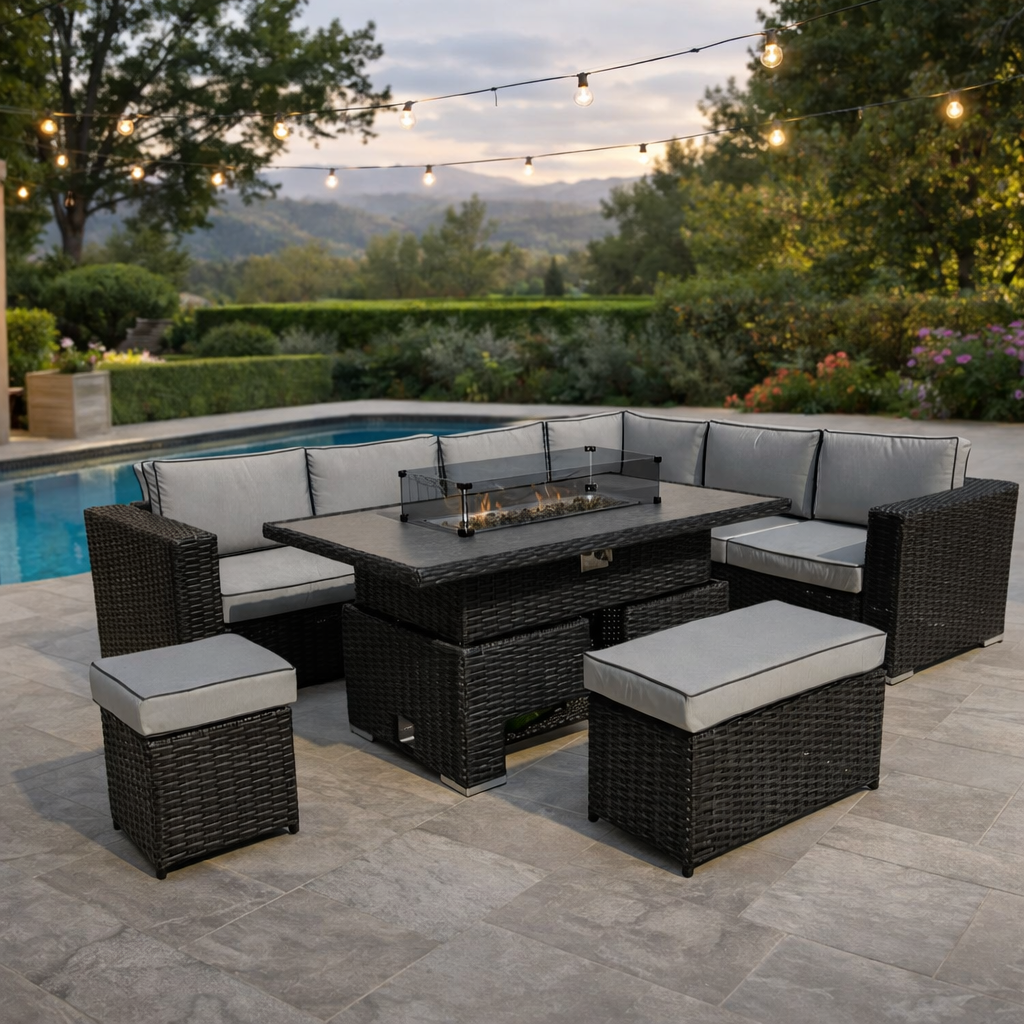 Chakra Rattan Corner Dining Set with Fire Pit – Black