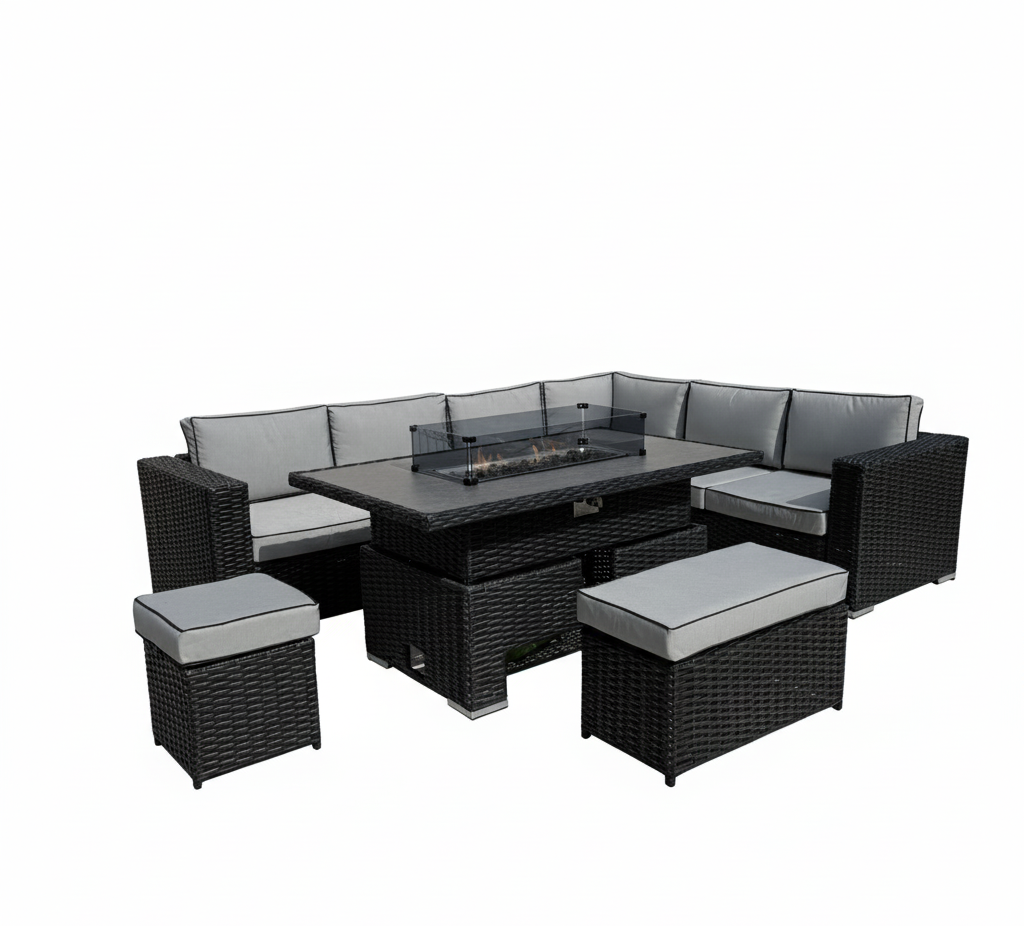 Chakra Rattan Corner Dining Set with Fire Pit – Black