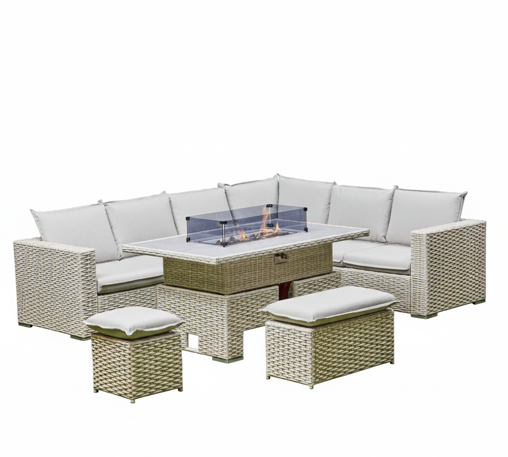 Chakra Rattan Corner Dining Set with Fire Pit – Grey/Beige
