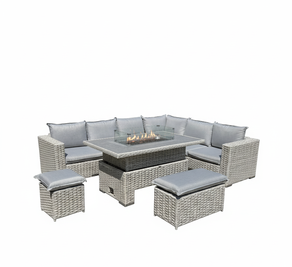 Chakra Rattan Corner Dining Set with Fire Pit – Grey/Beige