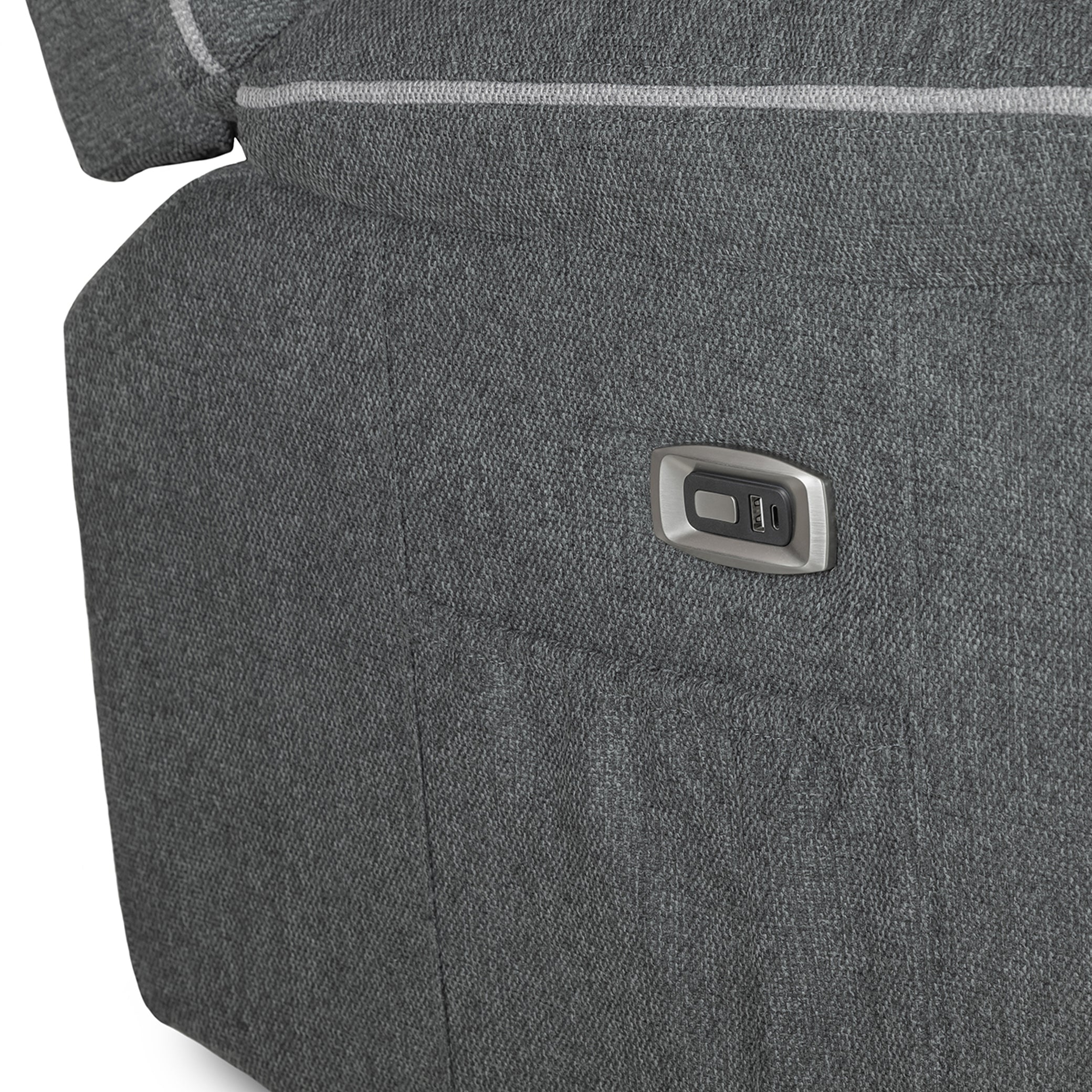 Close-up of built-in USB-C charging port on Dexter Electric Recliner Sofa Grey Fabric 3 Seater (7023531688000)